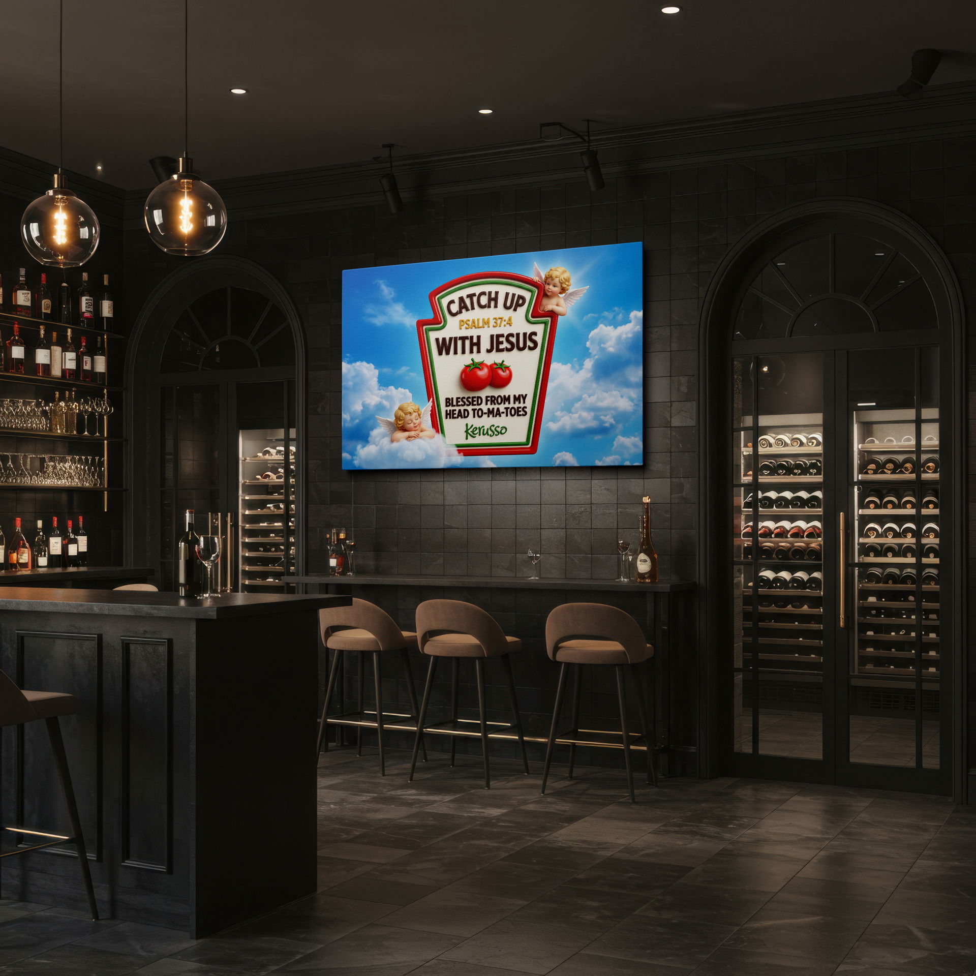 Vibrant canvas wall art of the Catch Up With Jesus design against a blue sky, displayed as a Wrapped Canvas