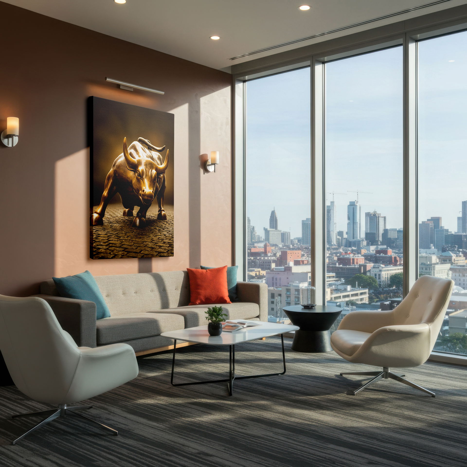 Close-up of the Wall Street bull sculpture in rich bronze tones on Wrapped Canvas wall art, symbolizing financial optimism.