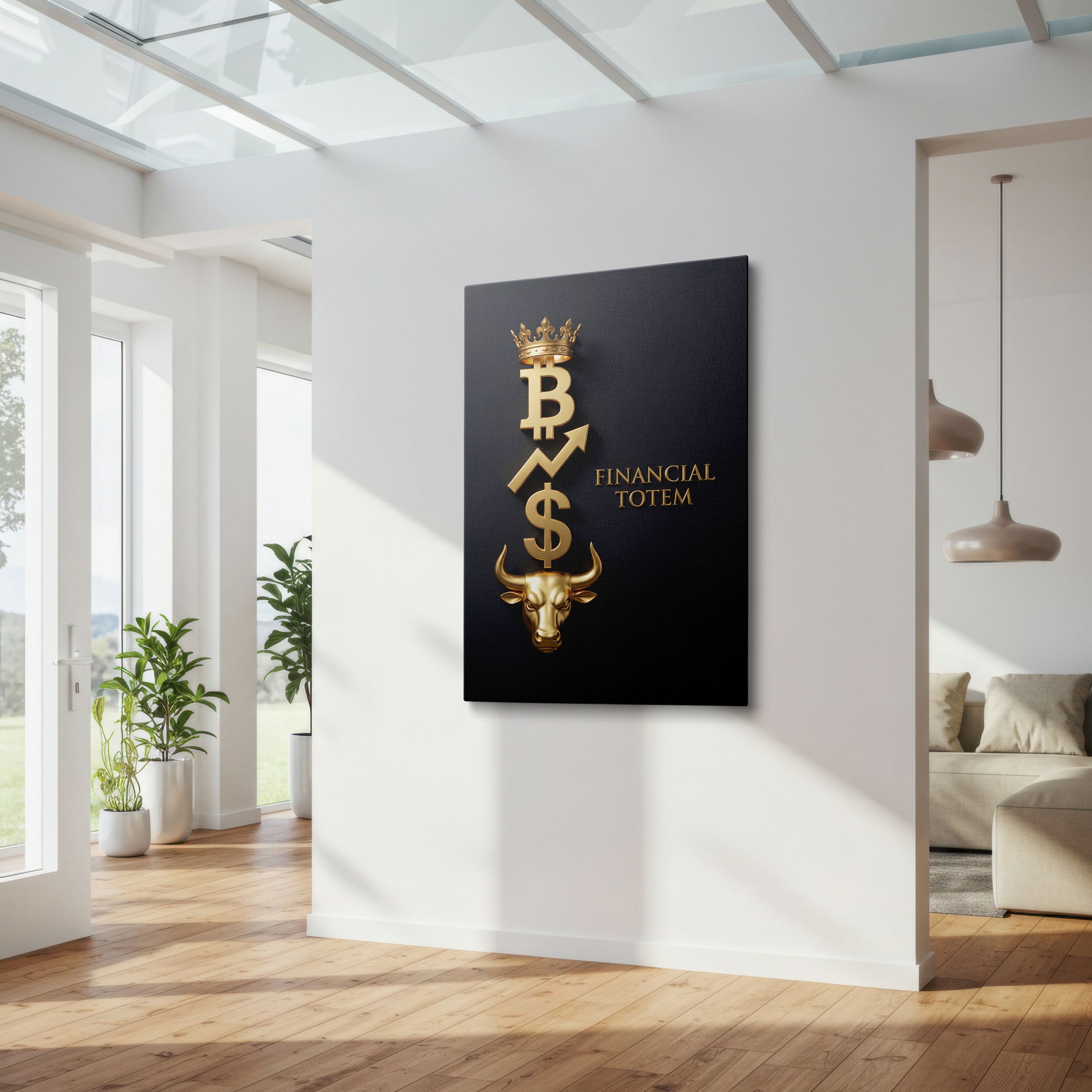 Modern financial canvas print wall art showing a bull, Bitcoin, and dollar sign on a Wrapped Canvas.