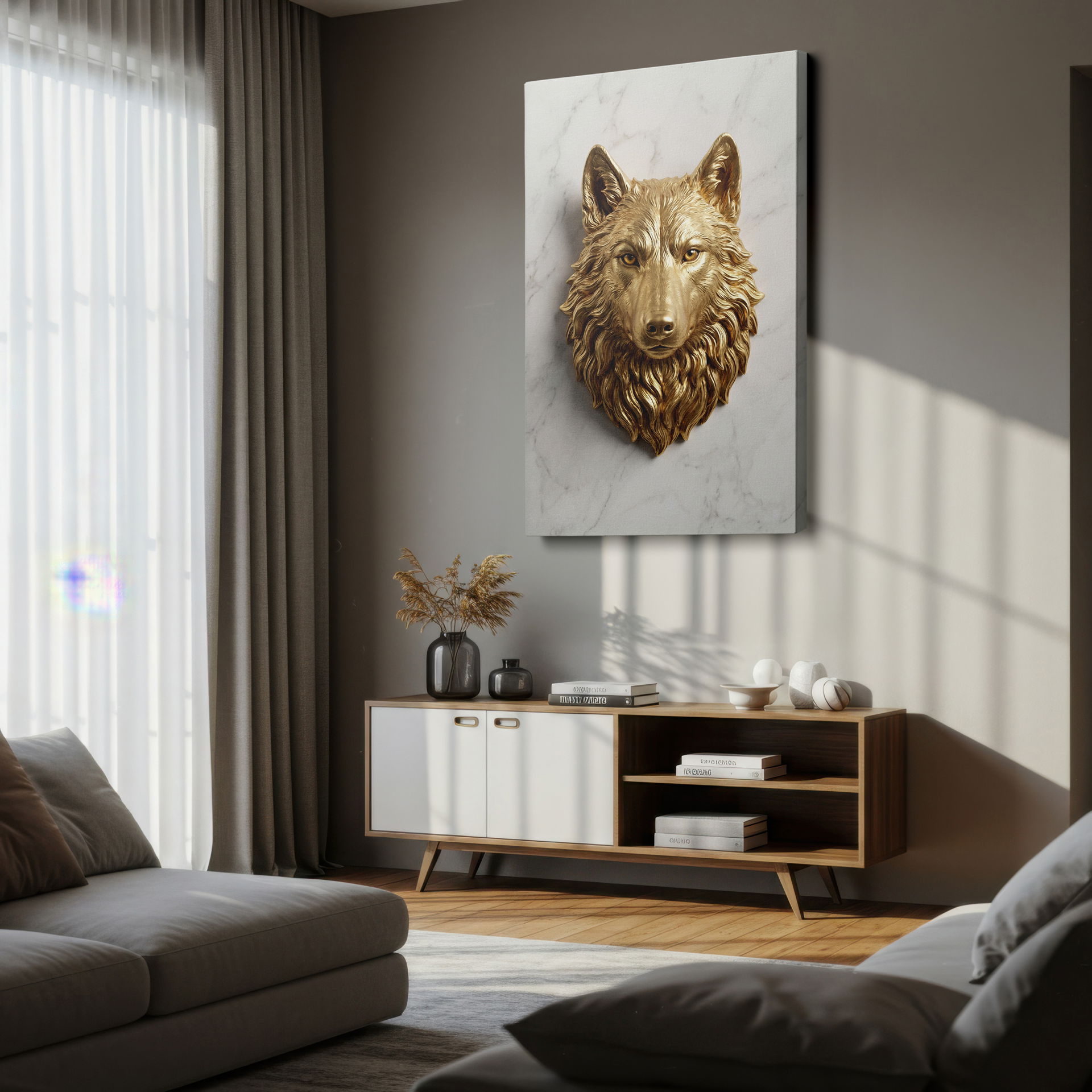 Contemporary golden wolf design with a lustrous finish on a high-quality Wrapped Canvas wall art