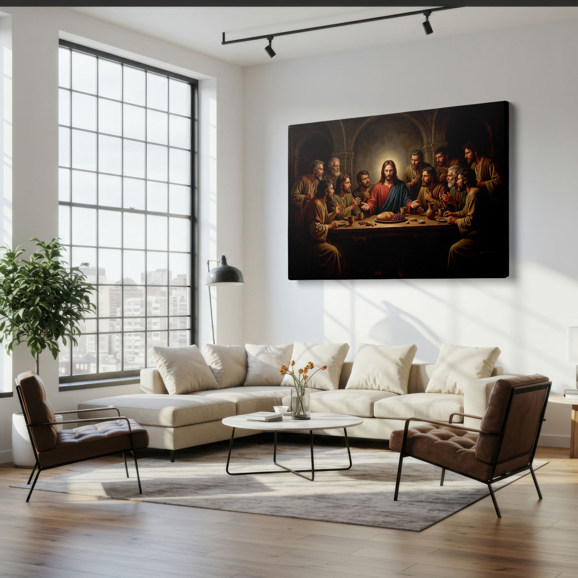 Close-up of the central figures in The Last Supper canvas wall art print, showcasing the detailed artistry on a Wrapped Canvas.