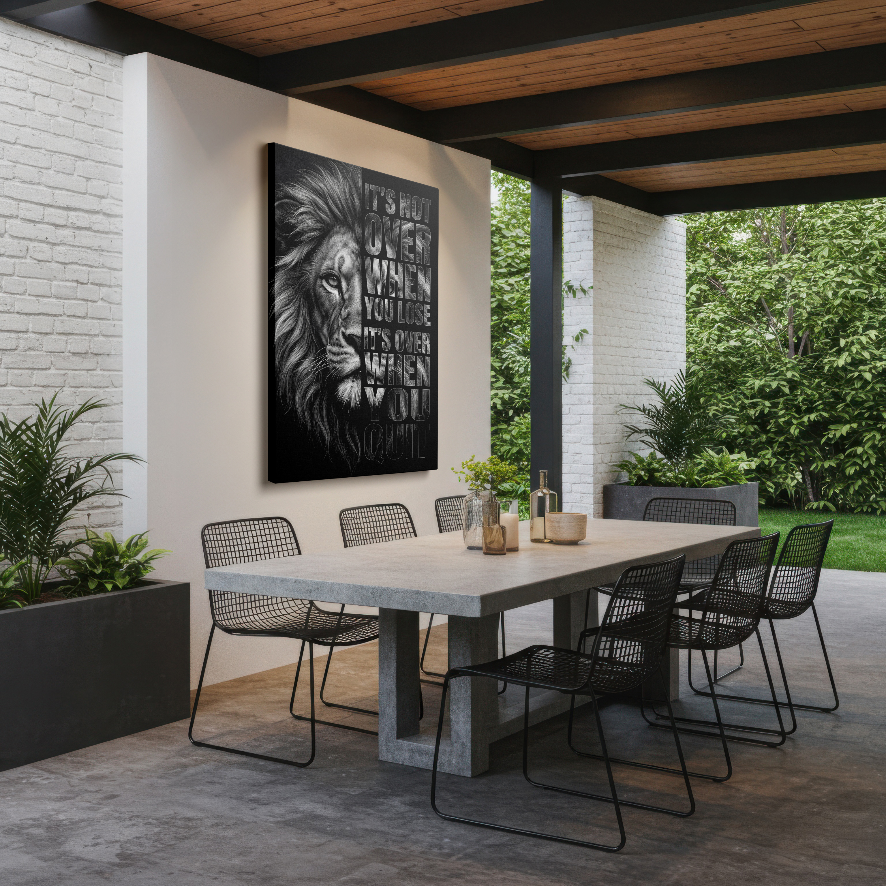 Detailed close-up of the majestic lion Wrapped Canvas wall art featuring bold typography and determination.