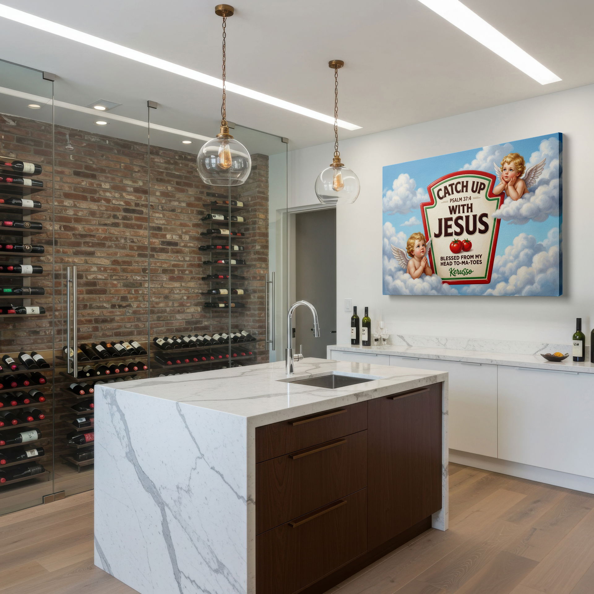 Uplifting Wrapped Canvas wall art showing a humorous condiment label twist with cherubs, suitable for kitchen or living room.