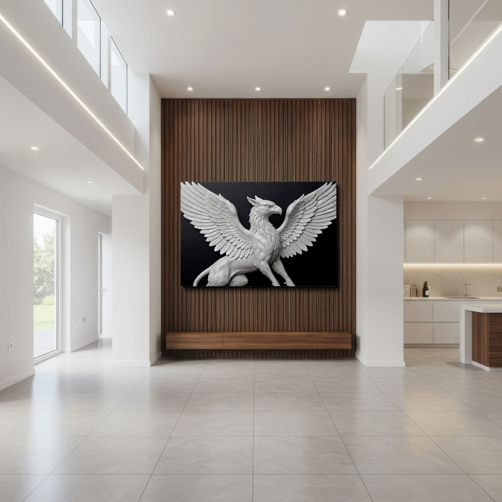 Striking depiction of the legendary creature griffin on a high-quality Wrapped Canvas wall art print