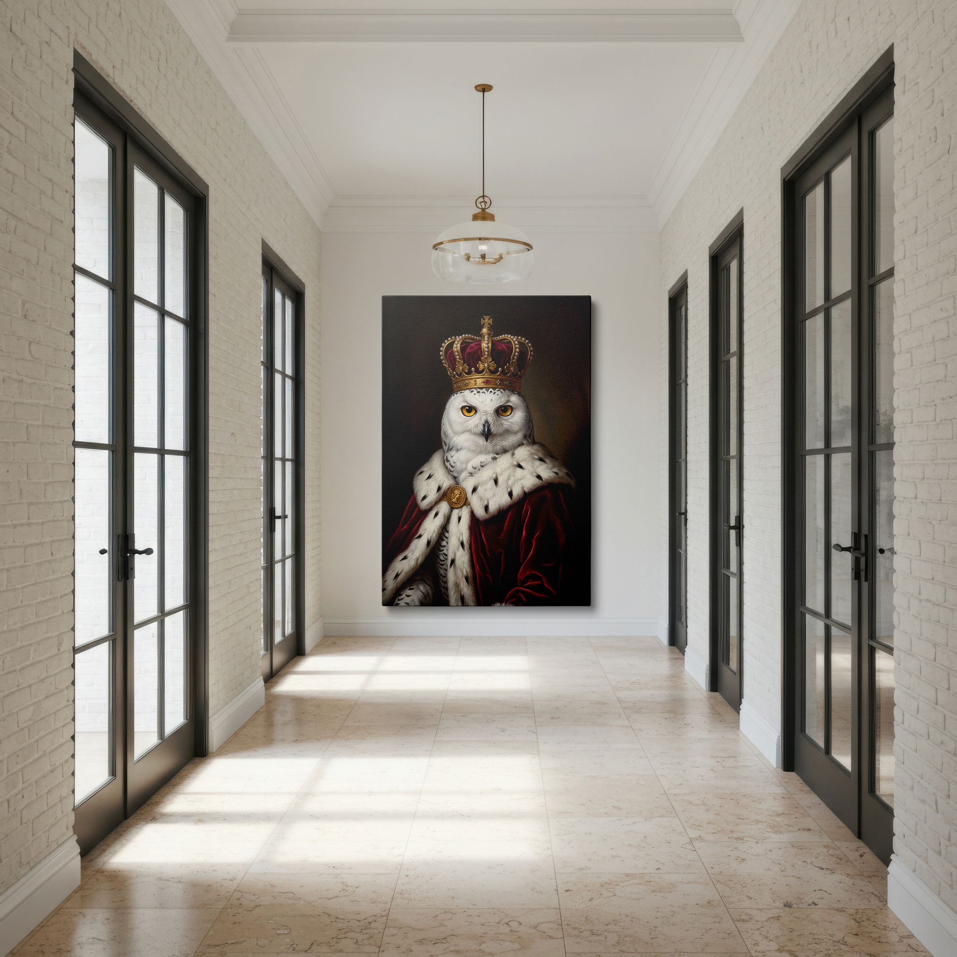 High-quality print of the regal snowy owl wearing a pearl-adorned crown, perfect whimsical Wrapped Canvas wall art.