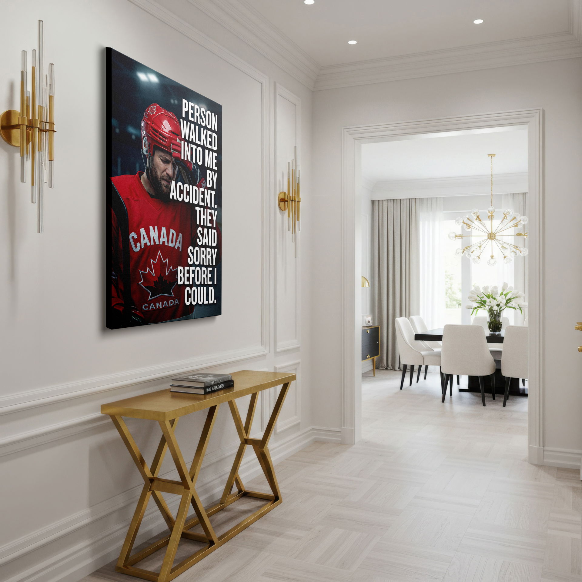 Humorous Canadian themed wall art featuring a hockey player and "sorry" text printed on Wrapped Canvas.