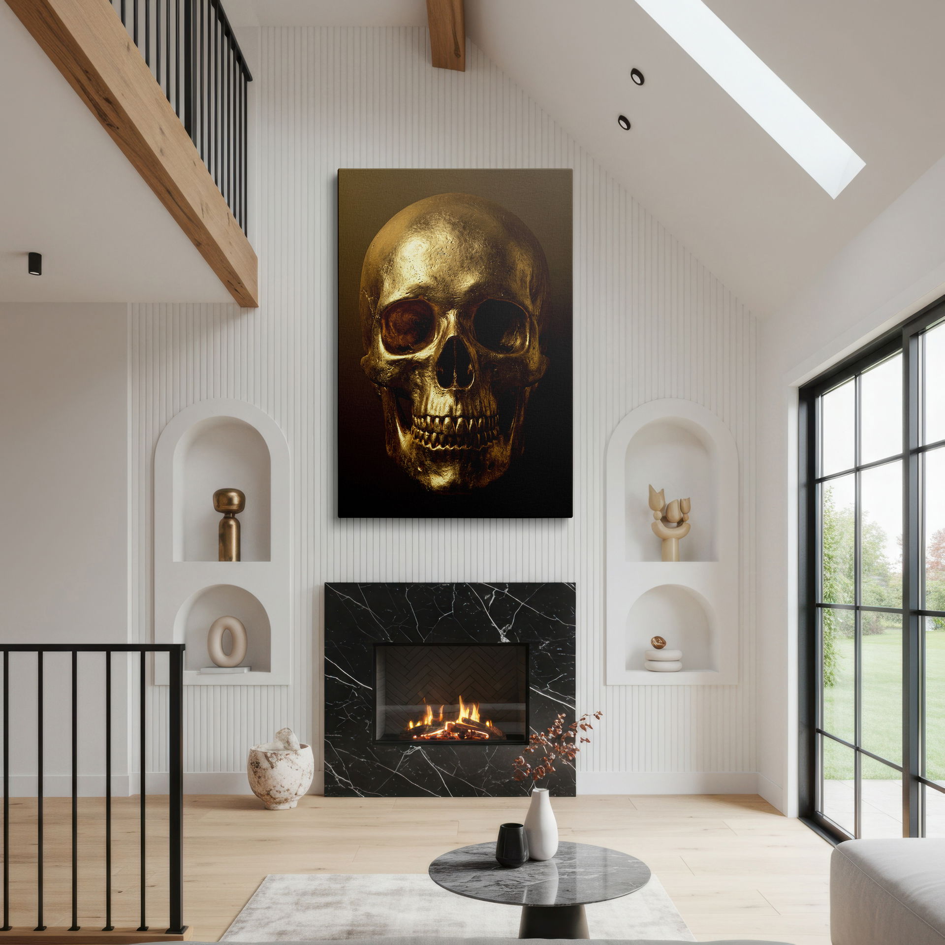 Captivating Wrapped Canvas print featuring a luxurious gold-finished skull perfect as a focal point wall art