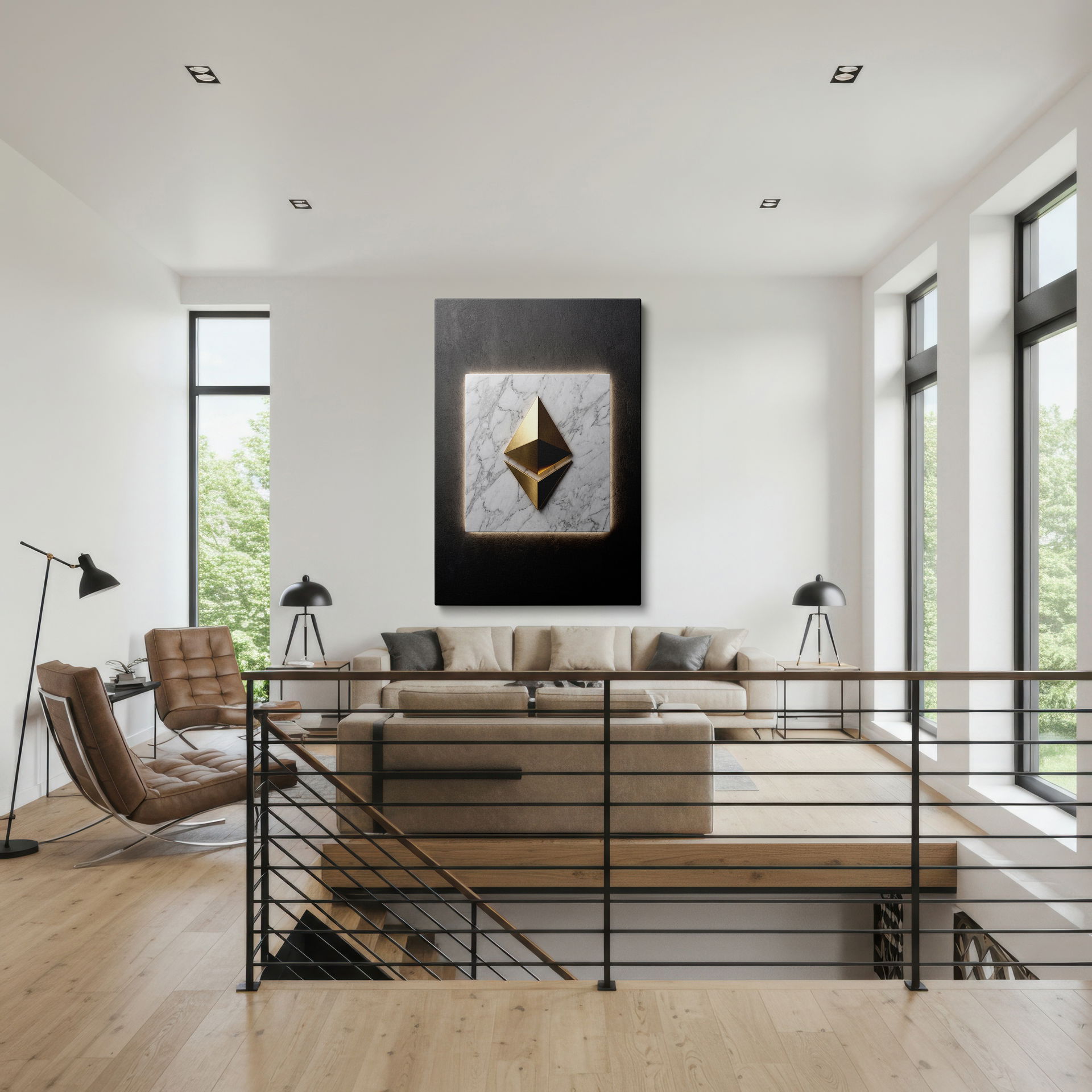 Striking geometric wall art, a Wrapped Canvas print displaying a shining gold pyramid graphic against an elegant marble backdrop.