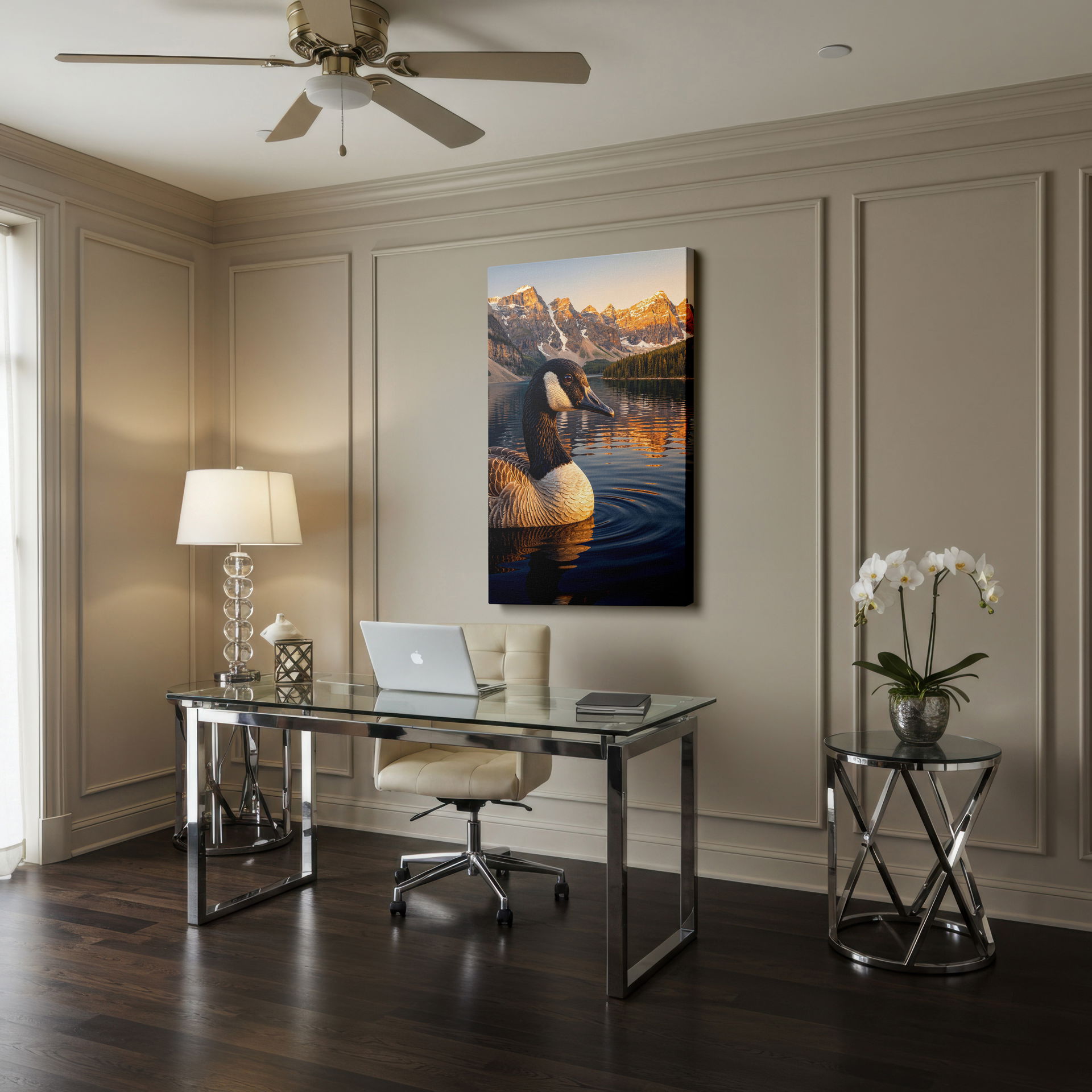 Snow-capped mountains reflected in tranquil lake waters with a goose featured in canvas wall art on Wrapped Canvas