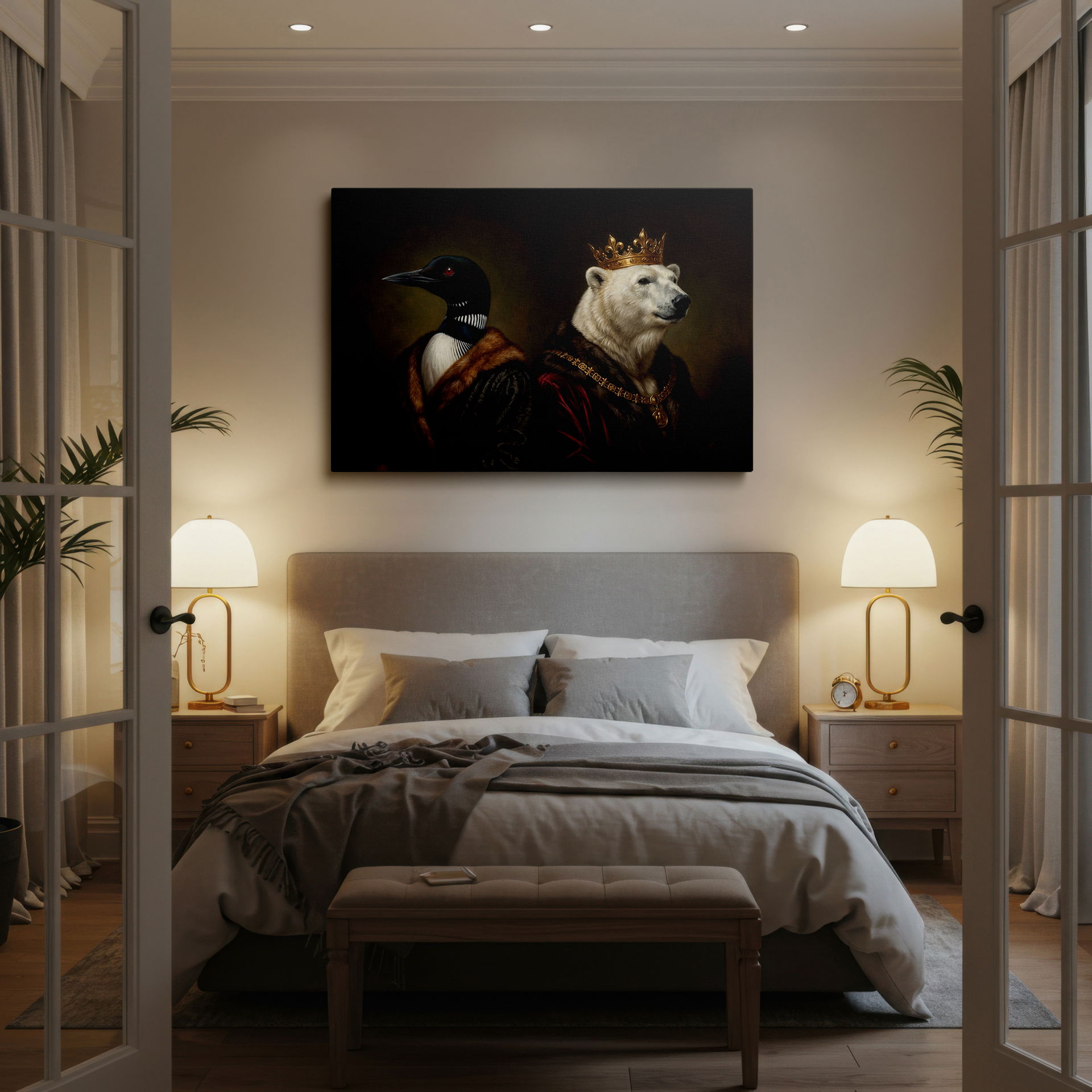 Unique animal wall art print showcasing a distinguished loon and polar bear, presented on a high-quality Wrapped Canvas.