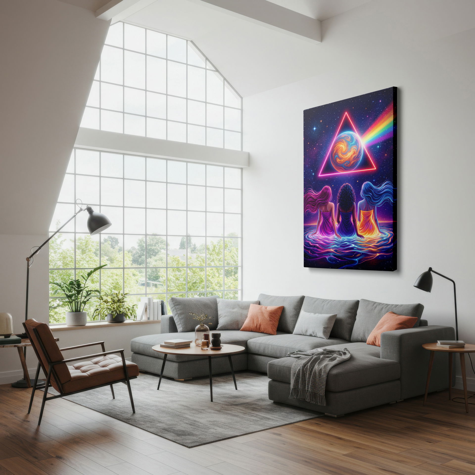 Detailed cosmic wall art print of celestial sisters and a planet framed by a neon triangle, quality Wrapped Canvas