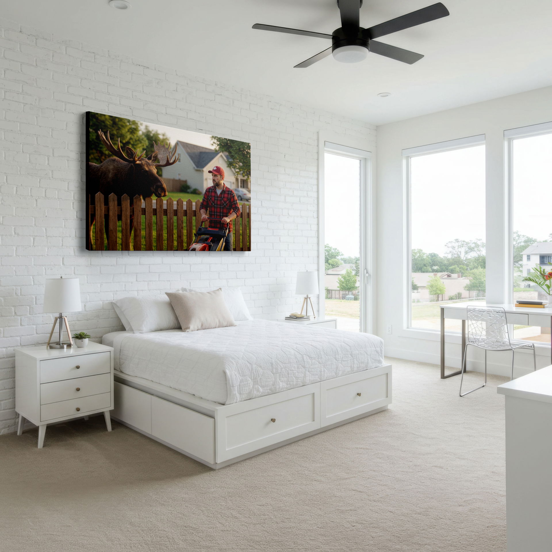 Close-up of the funny man and moose canvas print, showcasing the detailed artistic style of this wildlife wall art.