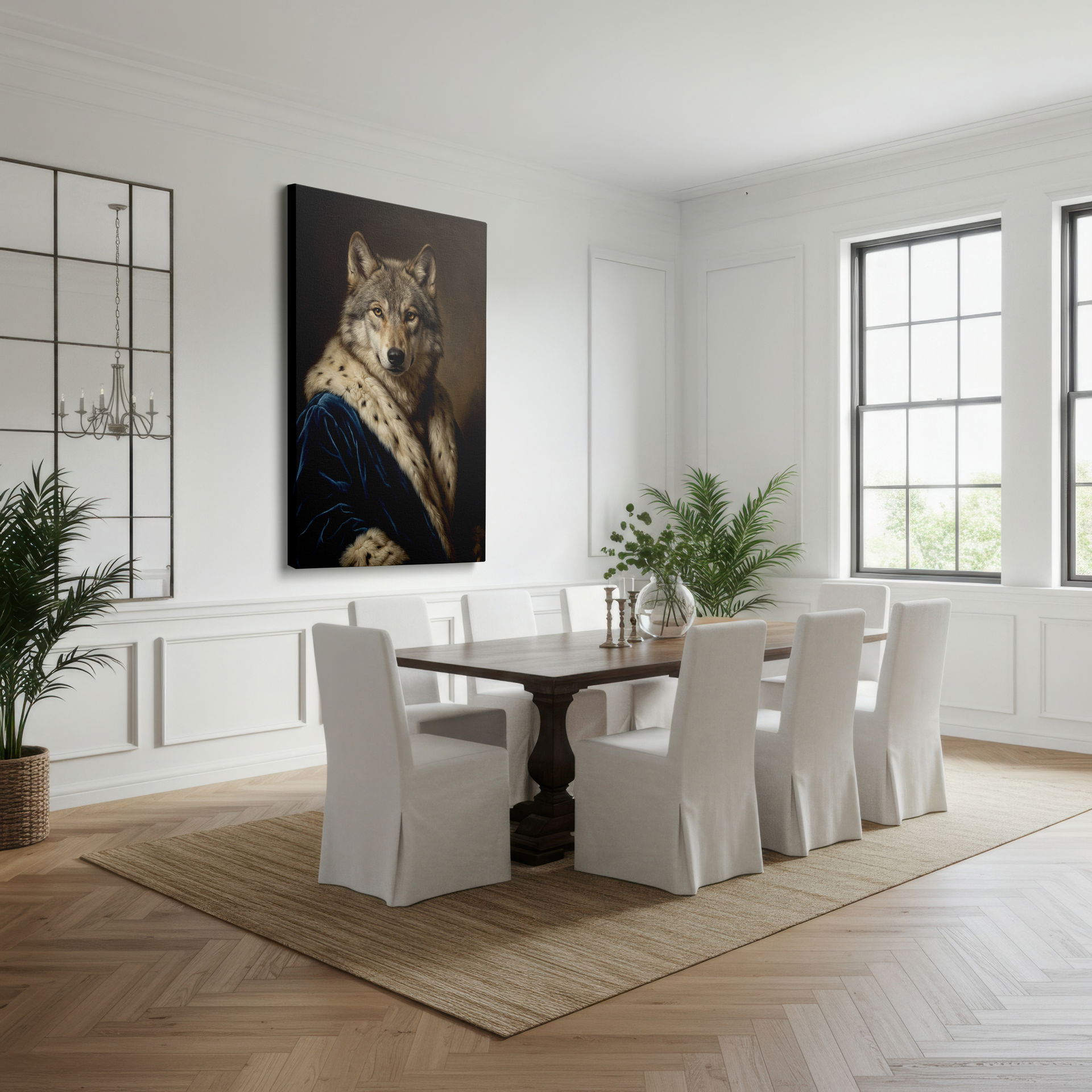 Sophisticated animal canvas wall art capturing a regal wolf in a velvet coat on a durable Wrapped Canvas