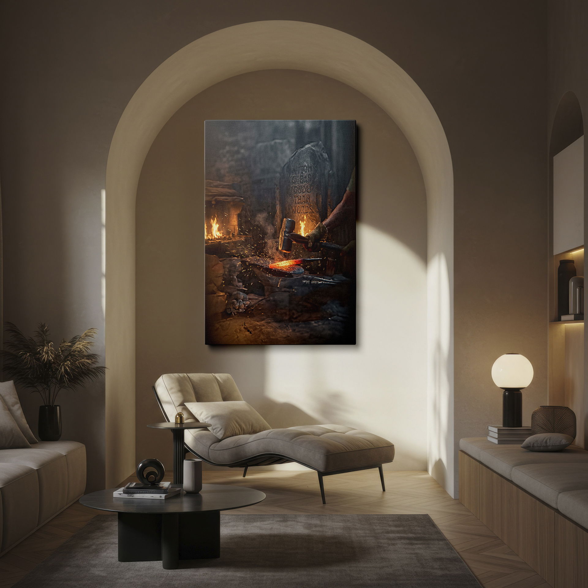 Artistic depiction of a blacksmith forging red-hot metal with a hammer on an anvil; dramatic sparks define this wall decor.