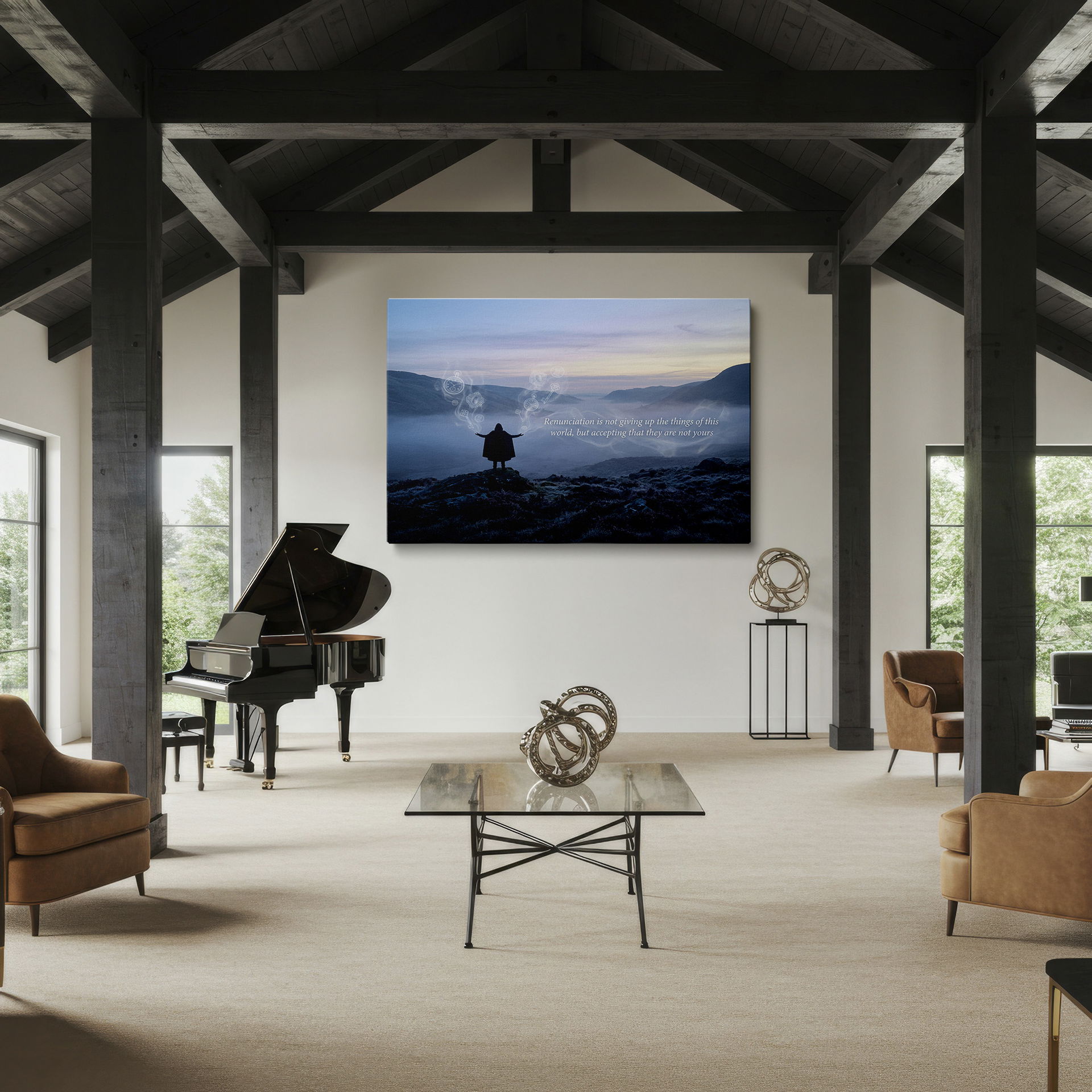 A hooded figure stands atop a mountain, mystical keys and clocks floating above. Enhance your wall decor with this ethereal scene.