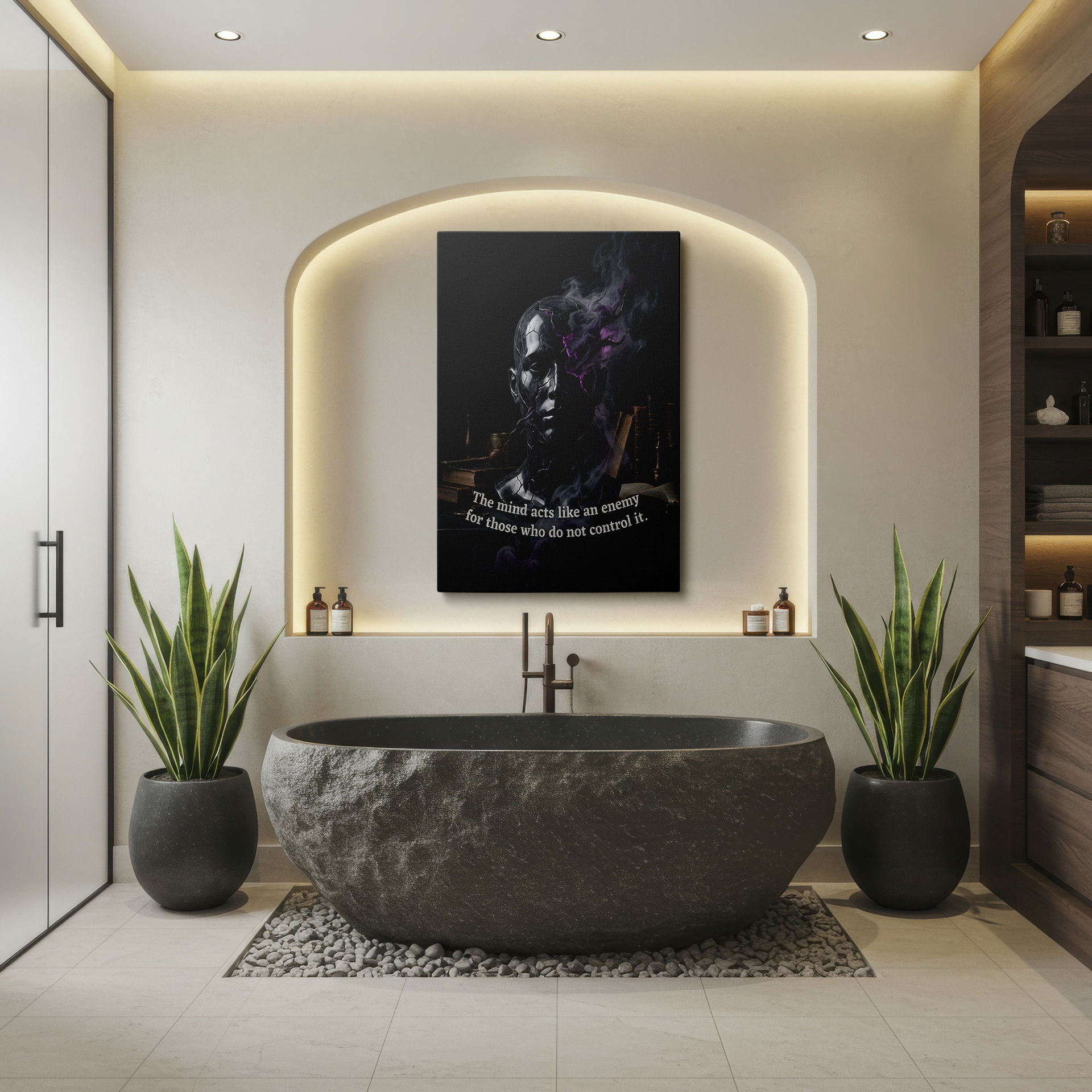 Intriguing wrapped canvas showing an abstract bust surrounded by smoke, a unique canvas for modern home decor.