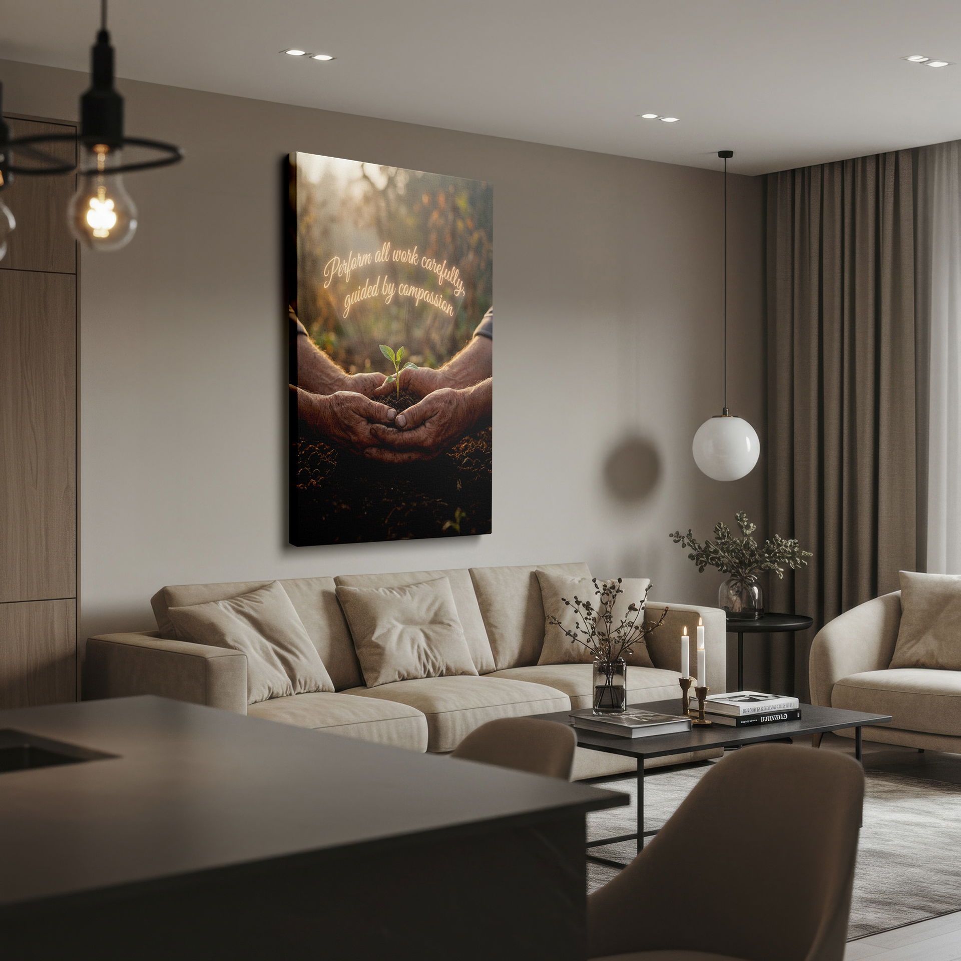 Close-up of weathered hands gently planting a seedling, embodying compassion, a beautiful Wrapped Canvas.