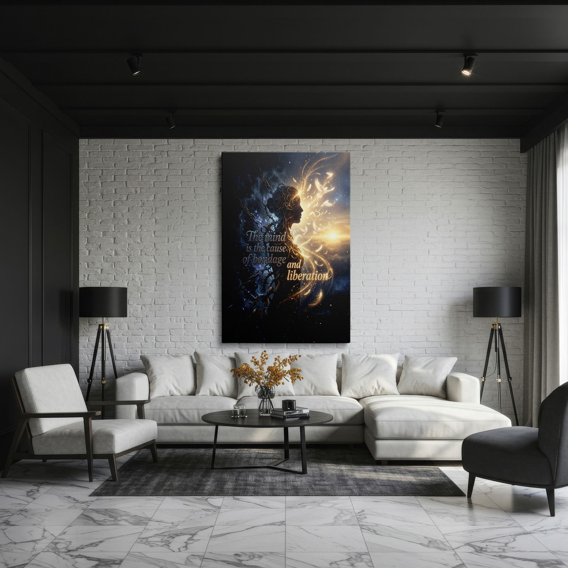 Silhouette with chains & light illustrating 'The mind is the cause of bondage and liberation' on Wrapped Canvas.