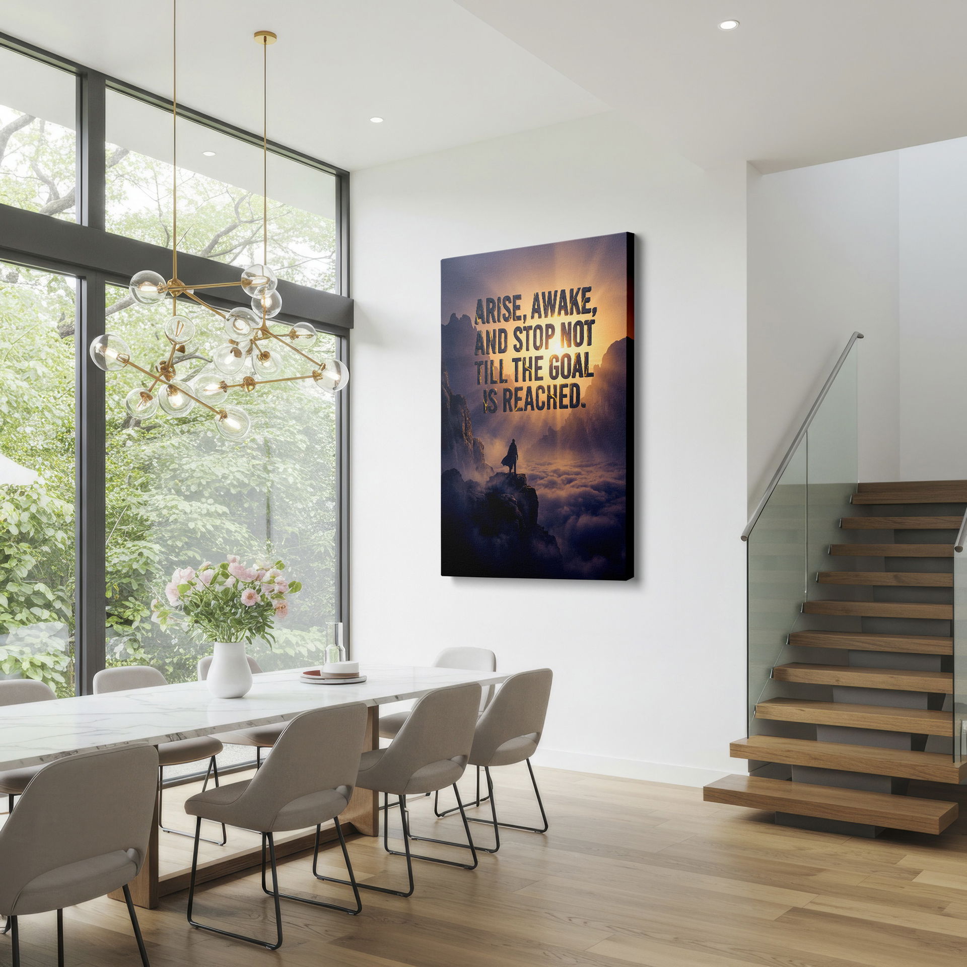 A Wrapped Canvas print with a figure overlooking mountains and the quote 'Arise, Awake,' perfect as wall art.