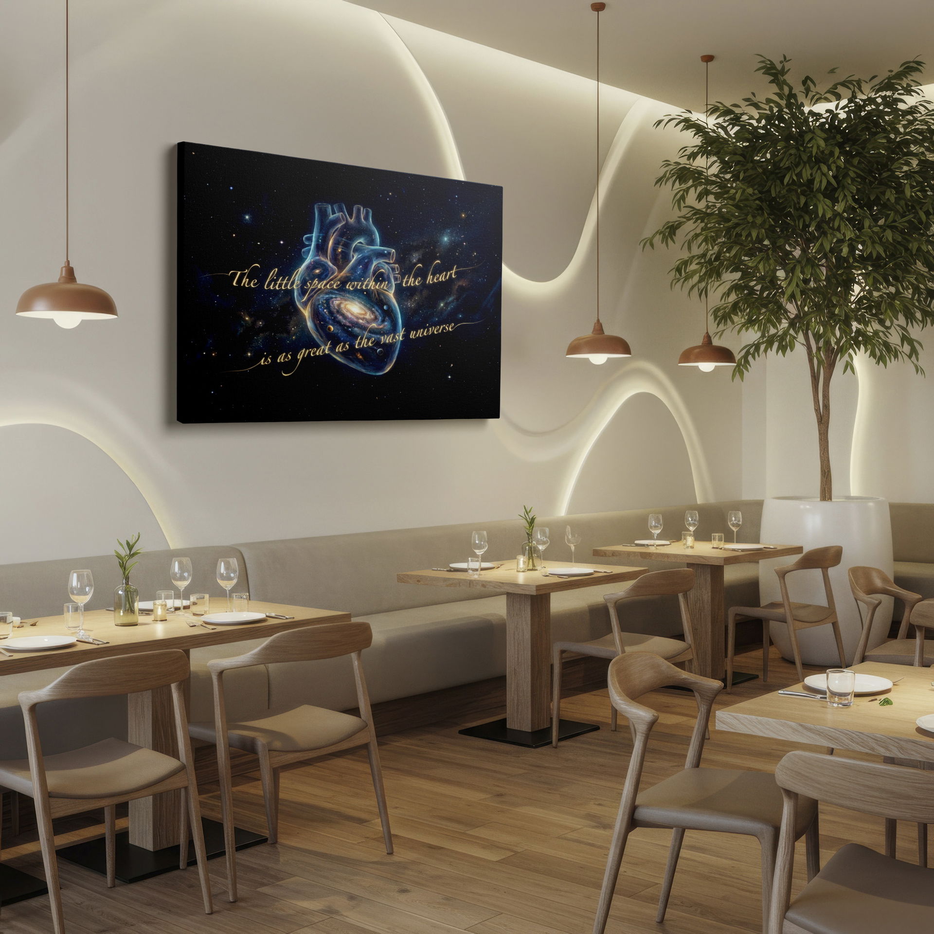 Striking wall decor of an anatomical heart embracing a vibrant and colorful galaxy.