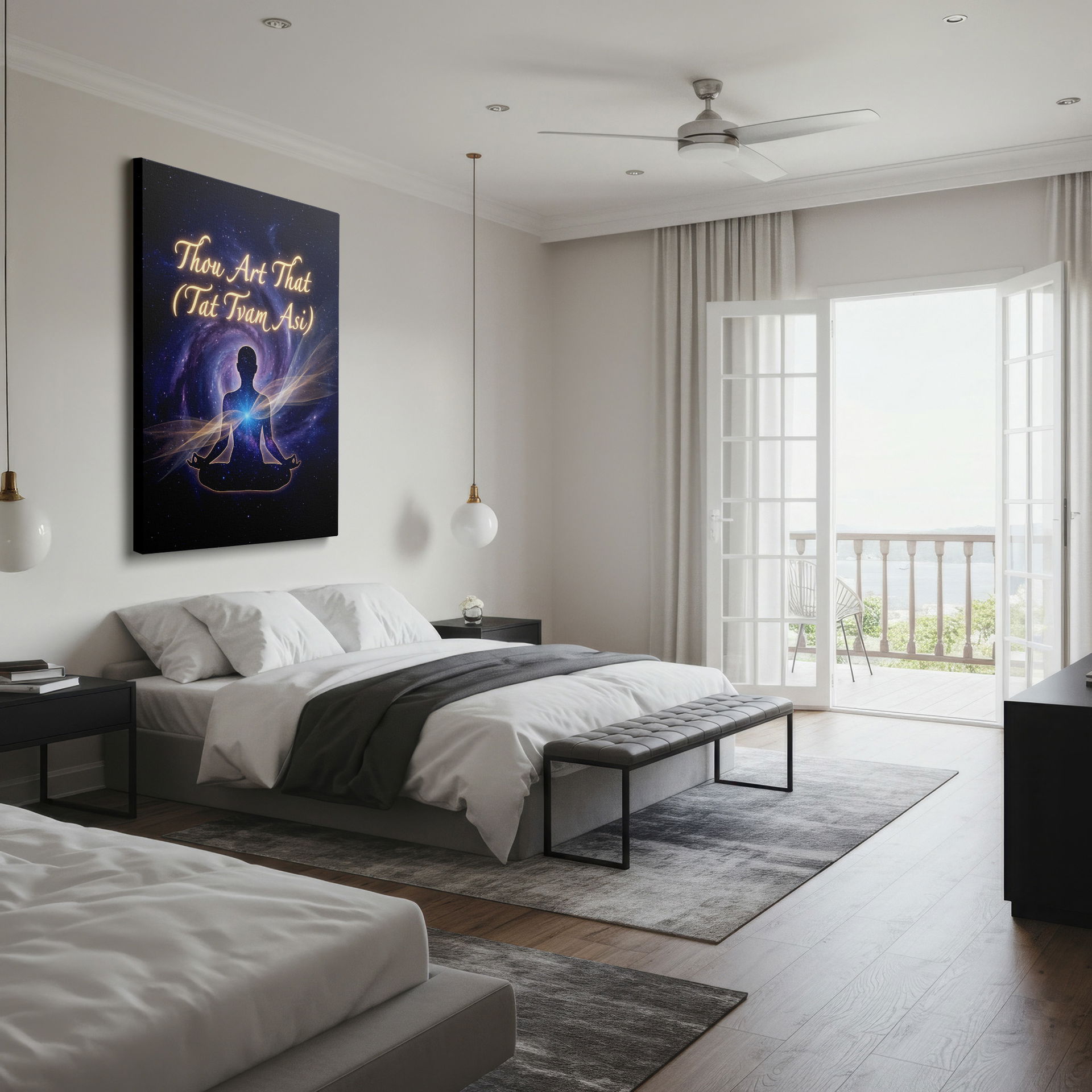 Radiant 'Thou Art That' wall decor featuring a meditating silhouette against a starry backdrop.