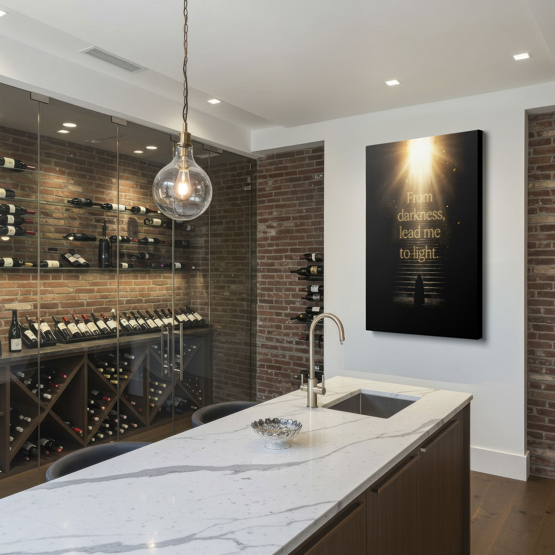 A lone figure ascends a staircase toward a radiant light in this inspirational Wrapped Canvas.