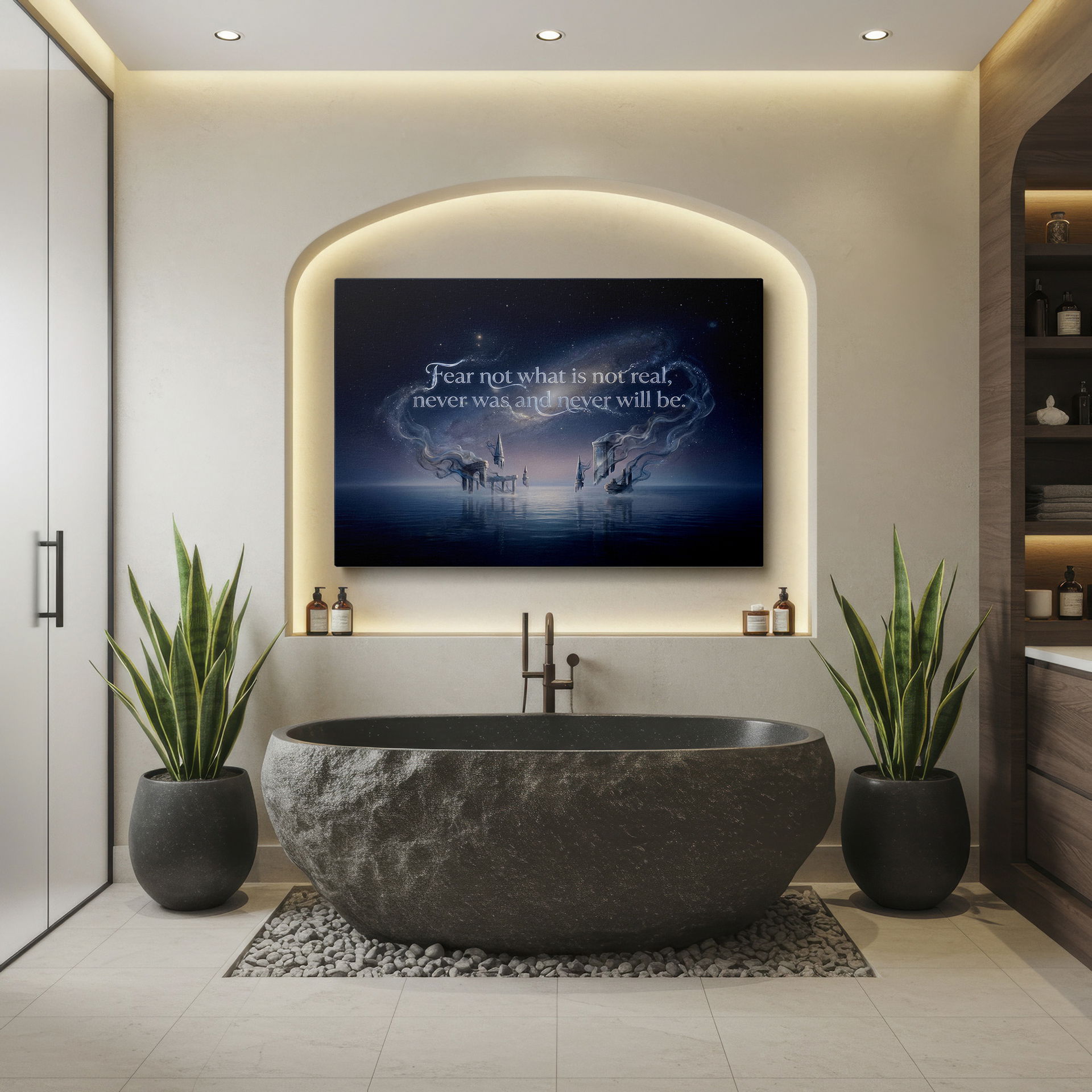 Ethereal fantasy landscape wall art with architecture floating beneath stars. Inspirational quote on a Wrapped Canvas.