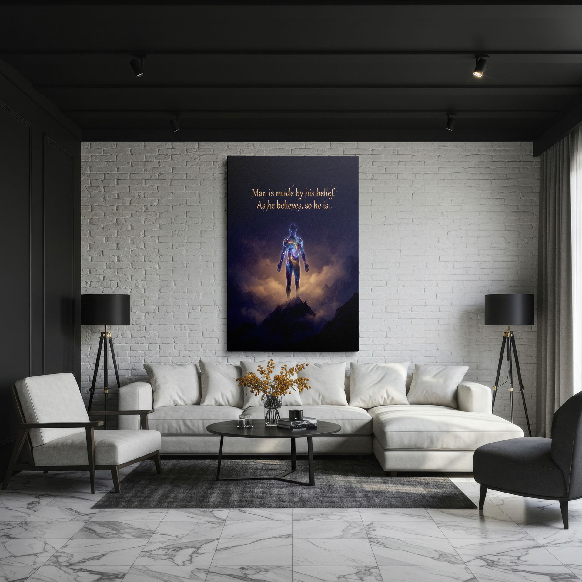 Cosmic figure Wrapped Canvas with the quote 'Man is made by his belief,' displayed against a mountain scene.