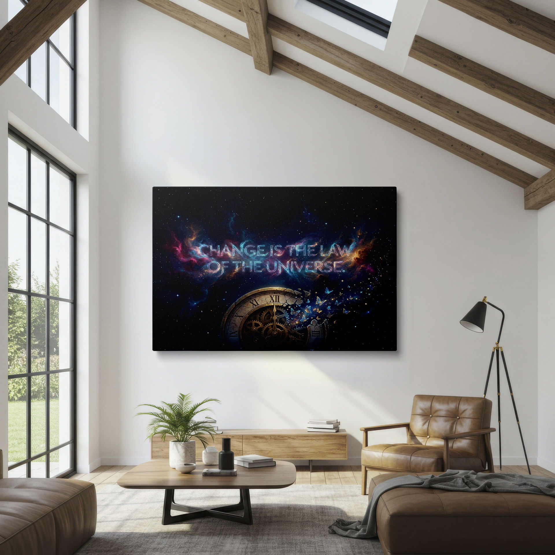 A digital artwork presents a shattered clock with butterflies and the inspiring words 'Change is the Law' as wall decor.