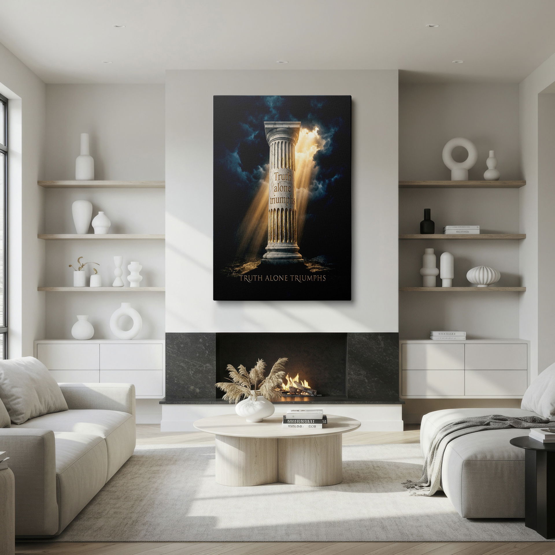 Striking wall decor: Illuminated pillar symbolizes truth's strength in a tempestuous scene.