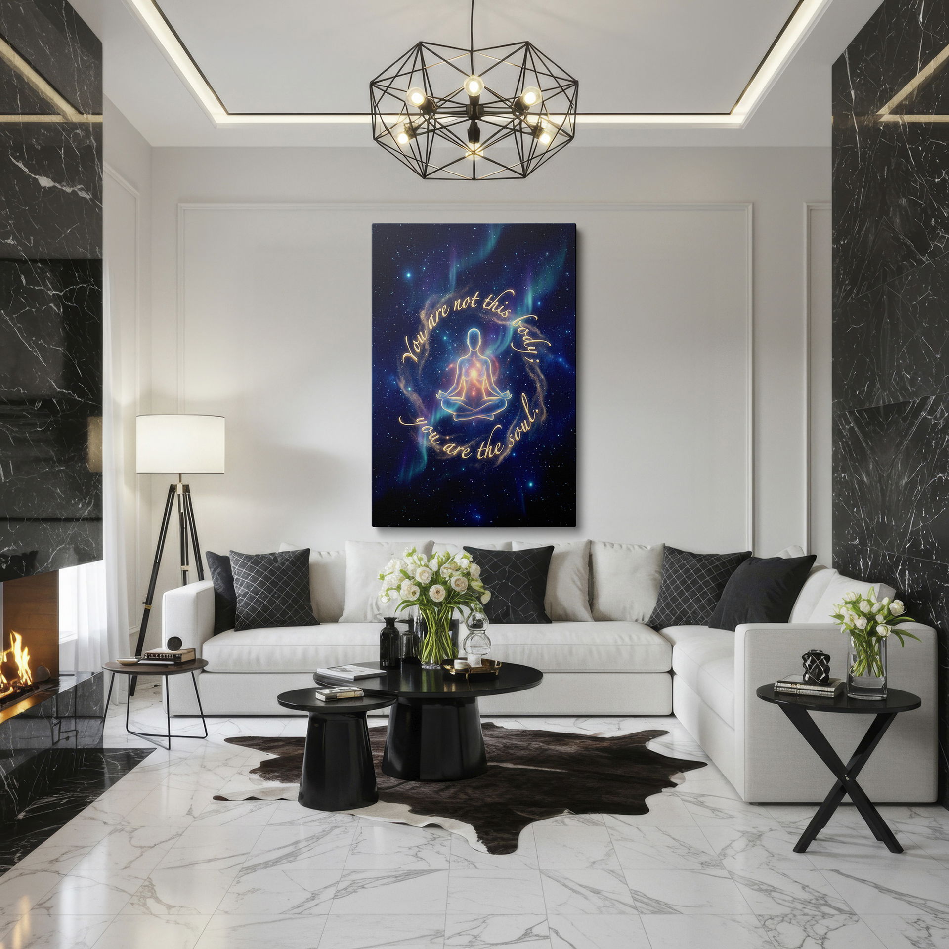 Inner peace meditation figure art in space, a captivating Wrapped Canvas.