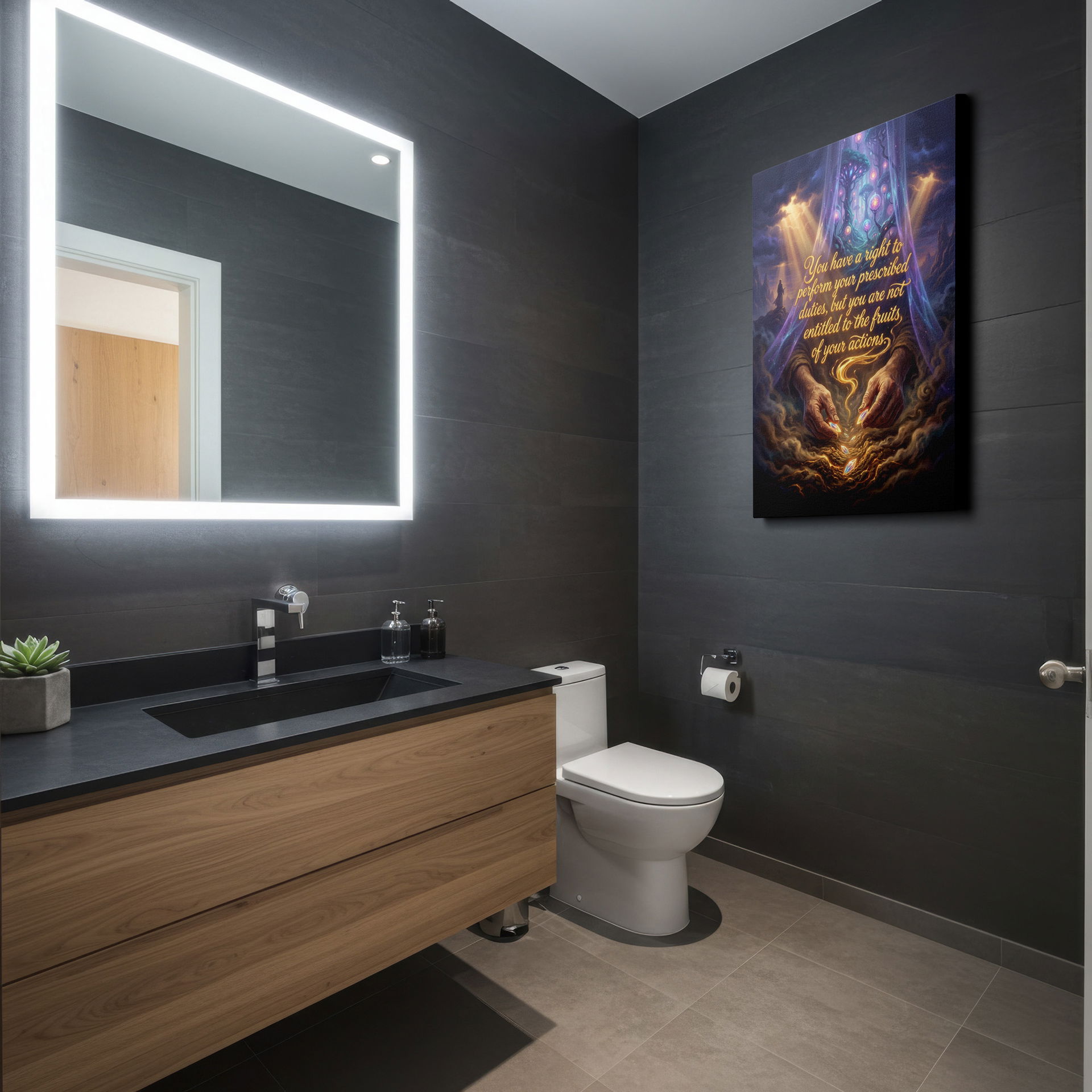 Spiritual wall decor showcasing glowing orbs, scattered gems, & a reminder about prescribed duties.