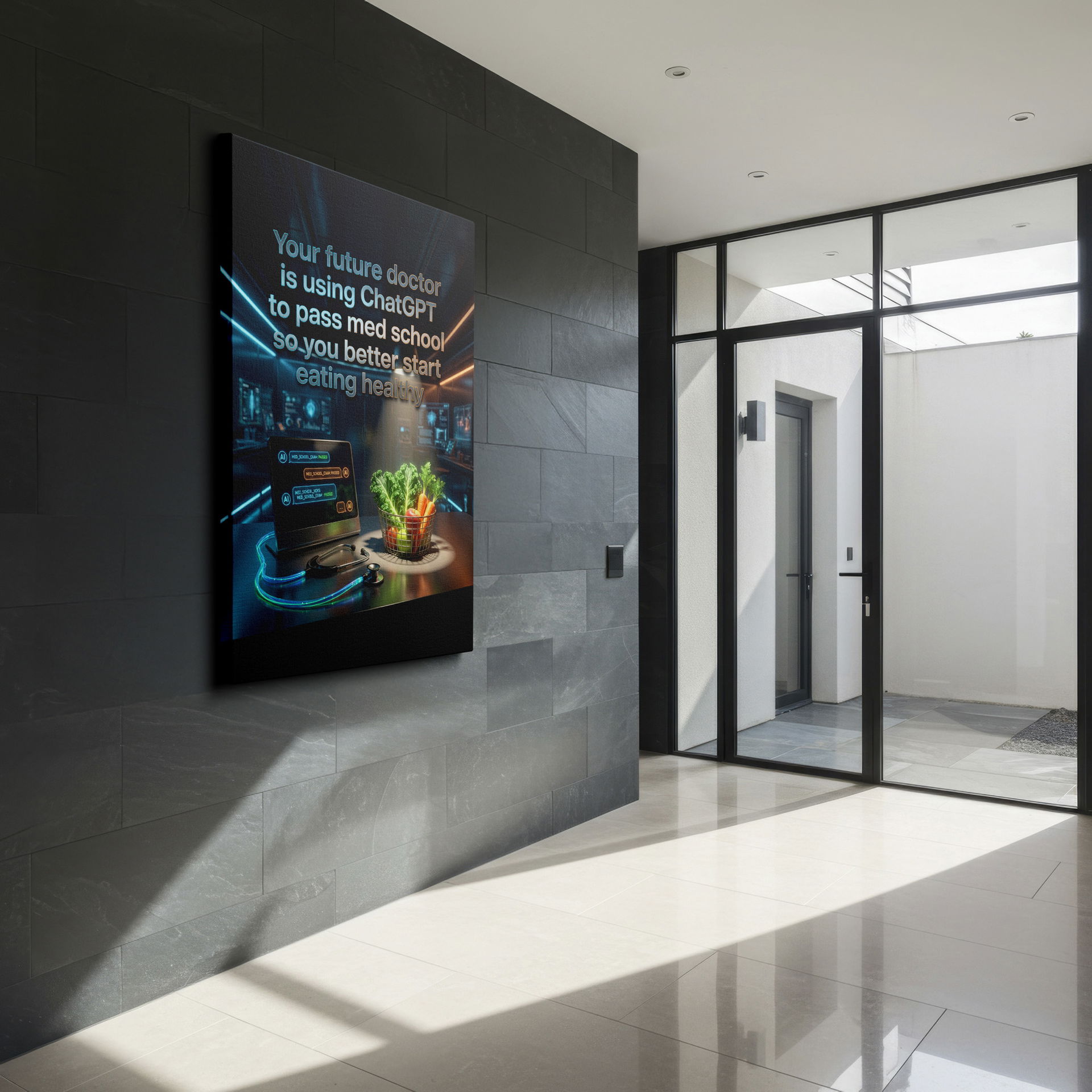 Futuristic wall decor showcasing AI's role in medical education alongside the importance of nutrition.
