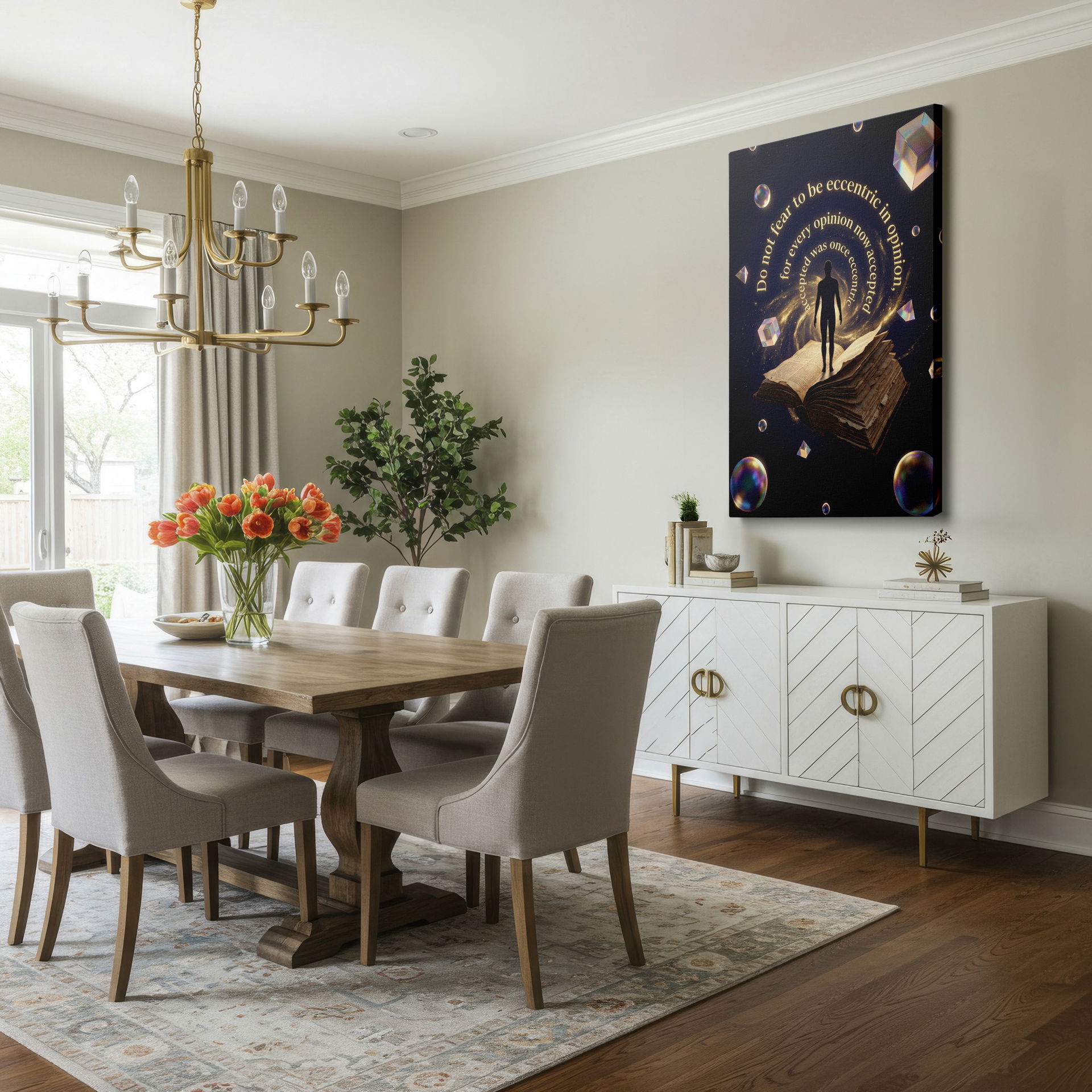 Ethereal cosmic wall decor with a silhouetted figure on a book. This wall art promotes independent thought and individuality.