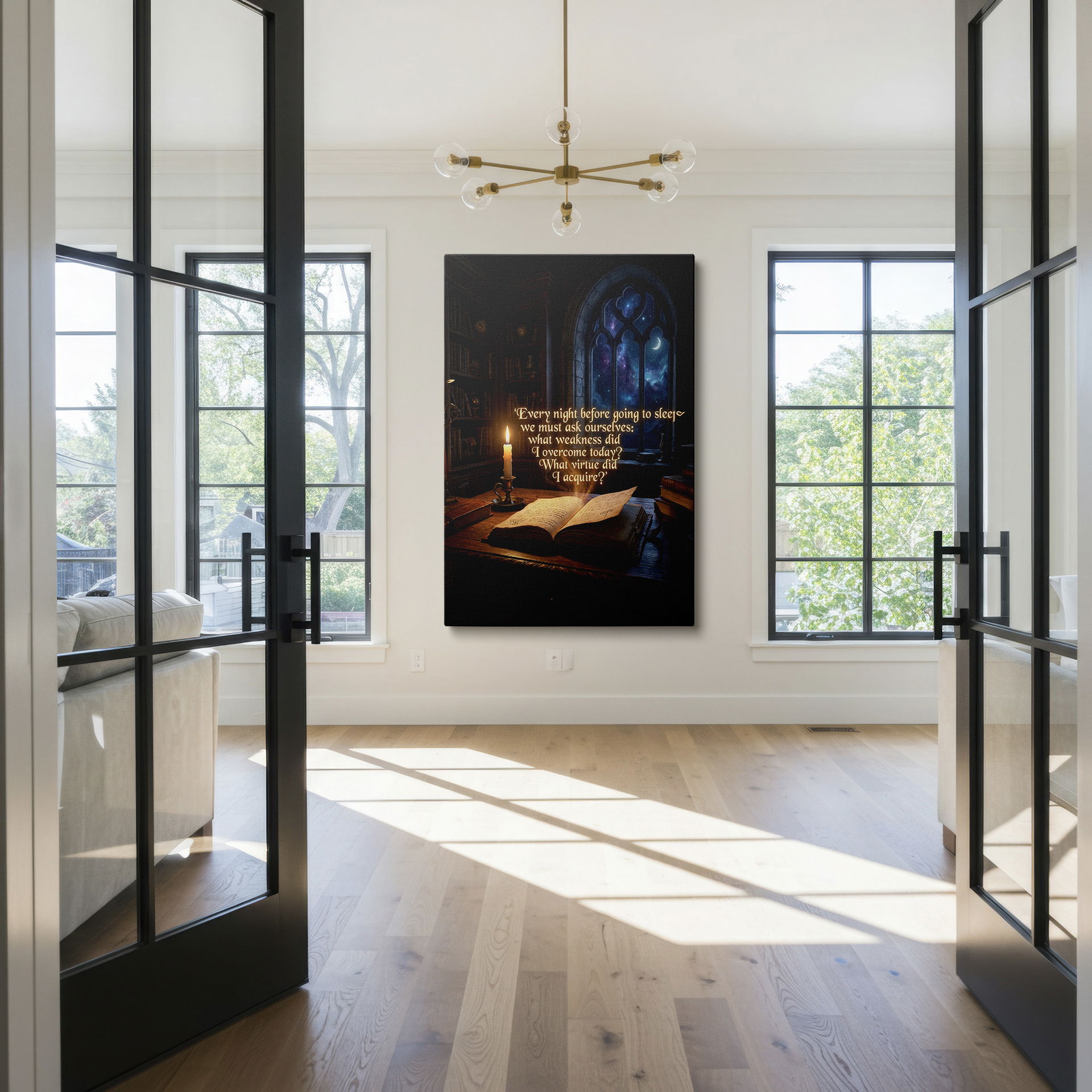 Classic literary wall decor, featuring an open book and glowing candle. Starry night visible through an arched window. Display as Wrapped Canvas.