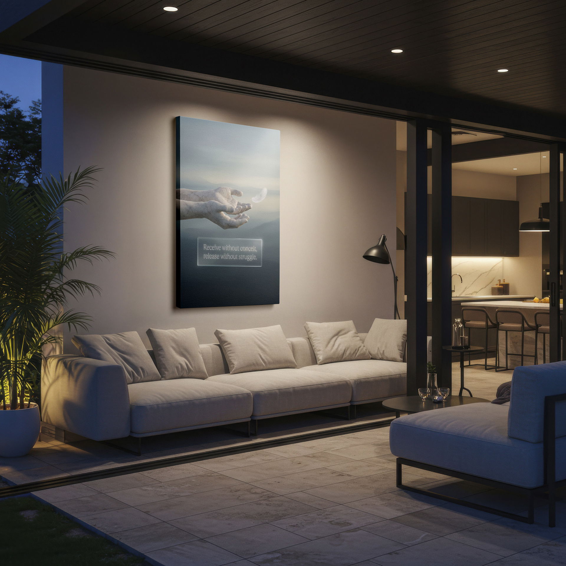 The image captures marble hands letting go of a feather, with the inscription 'Receive without conceit, release without struggle' - a spiritual wall decor.