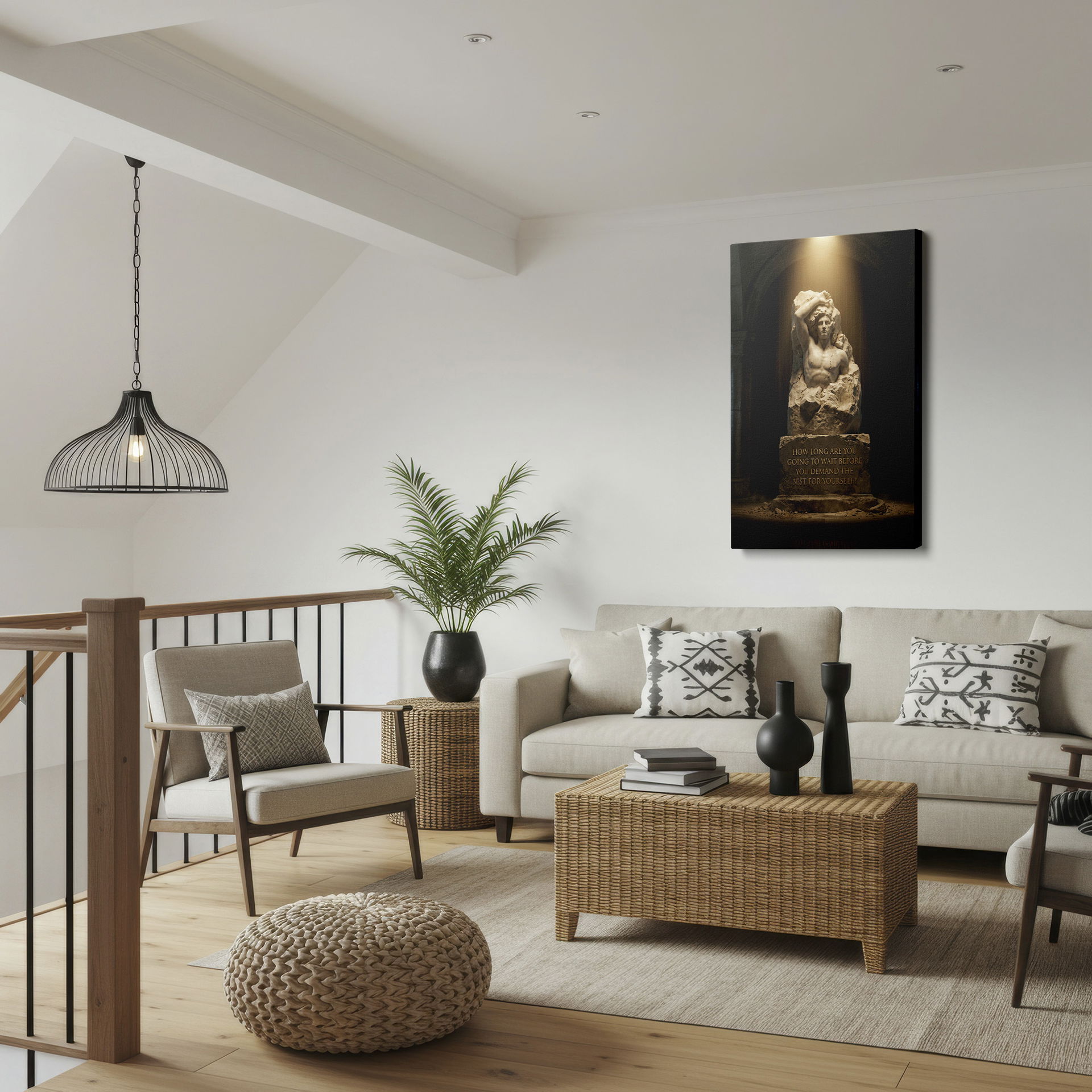 Inspirational stone figure Wrapped Canvas showcasing a powerful quote, ideal for a positive space.