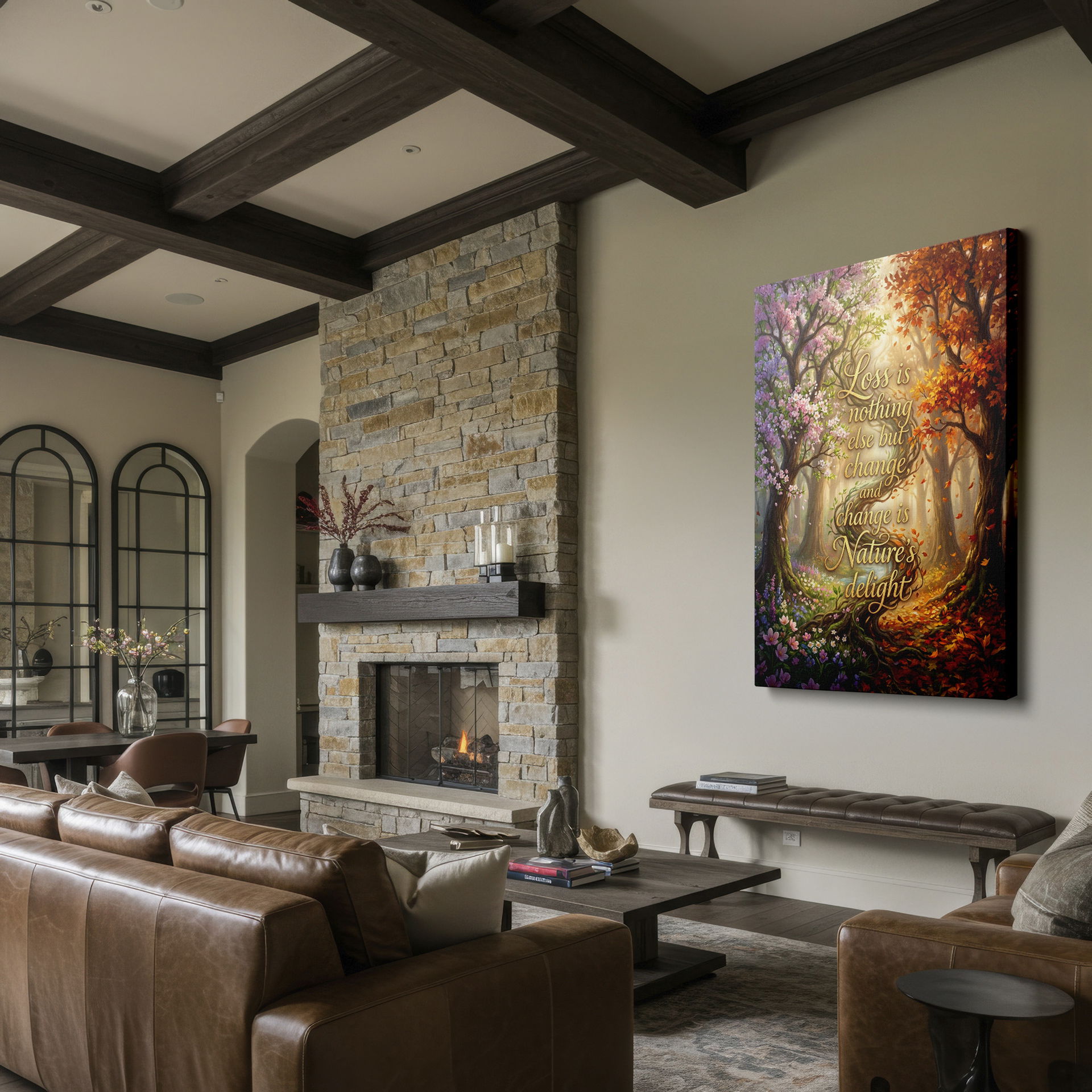 Wrapped Canvas art displaying a forest scene with a quote about change and nature's beauty.