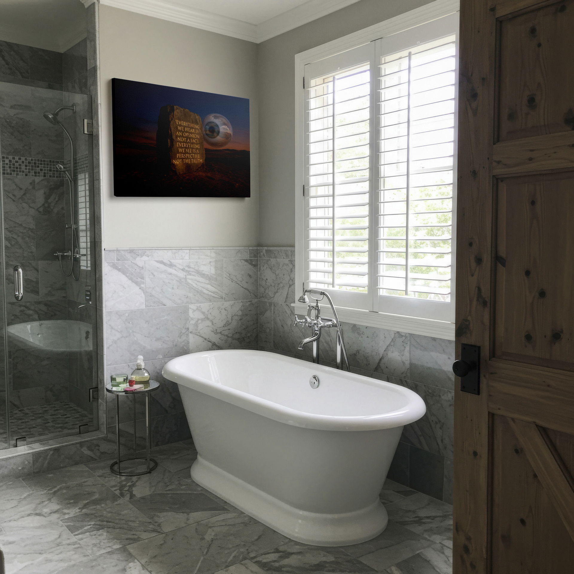 A desert scene shows a stone inscribed with text and a giant eye. This Wrapped Canvas makes a statement.