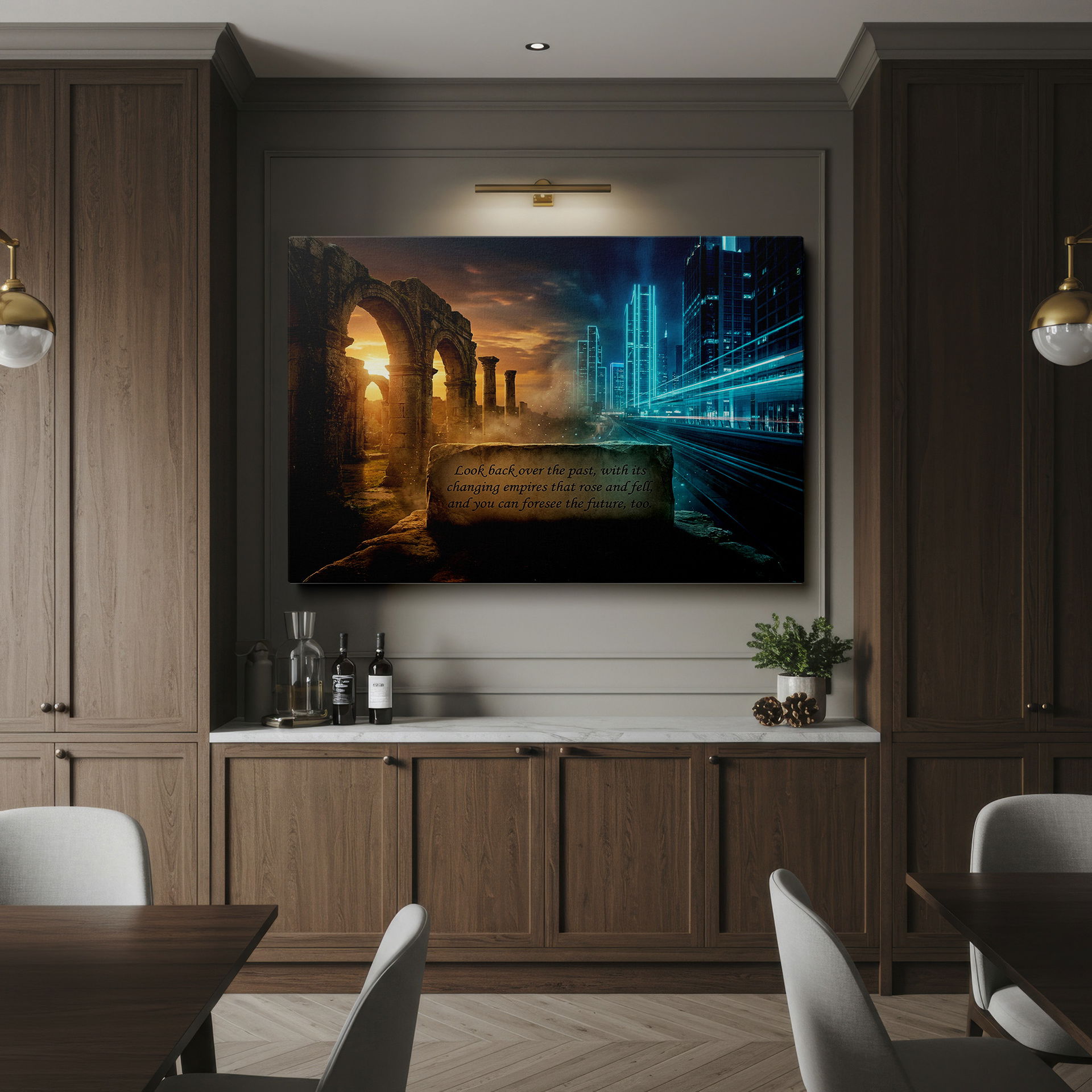 Inspirational wall decor featuring a modern cityscape beside ancient ruins with a quote about history. Makes a stunning living room piece.