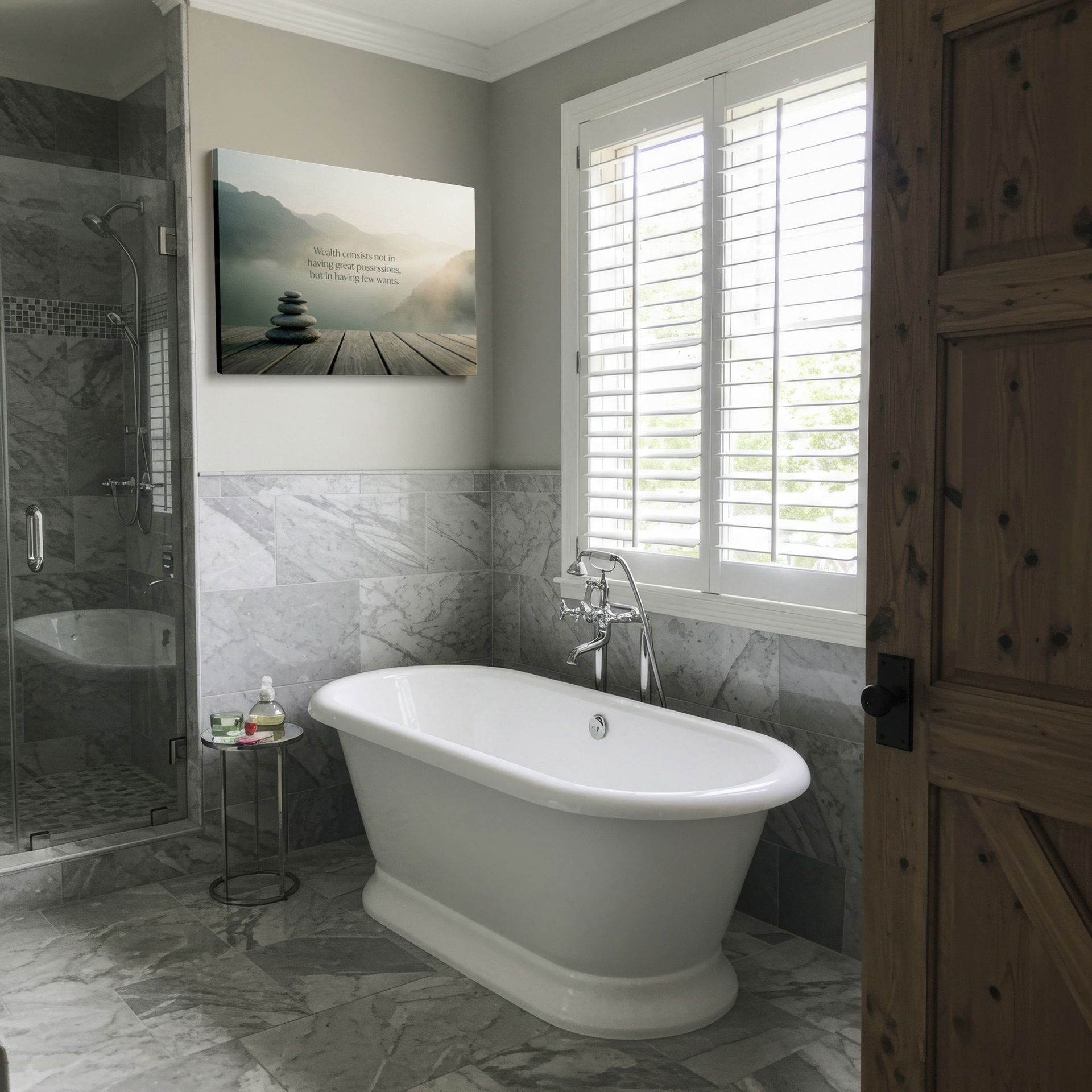 Inspirational zen quote shown on a Wrapped Canvas, featuring a peaceful stone stack and misty mountain backdrop.