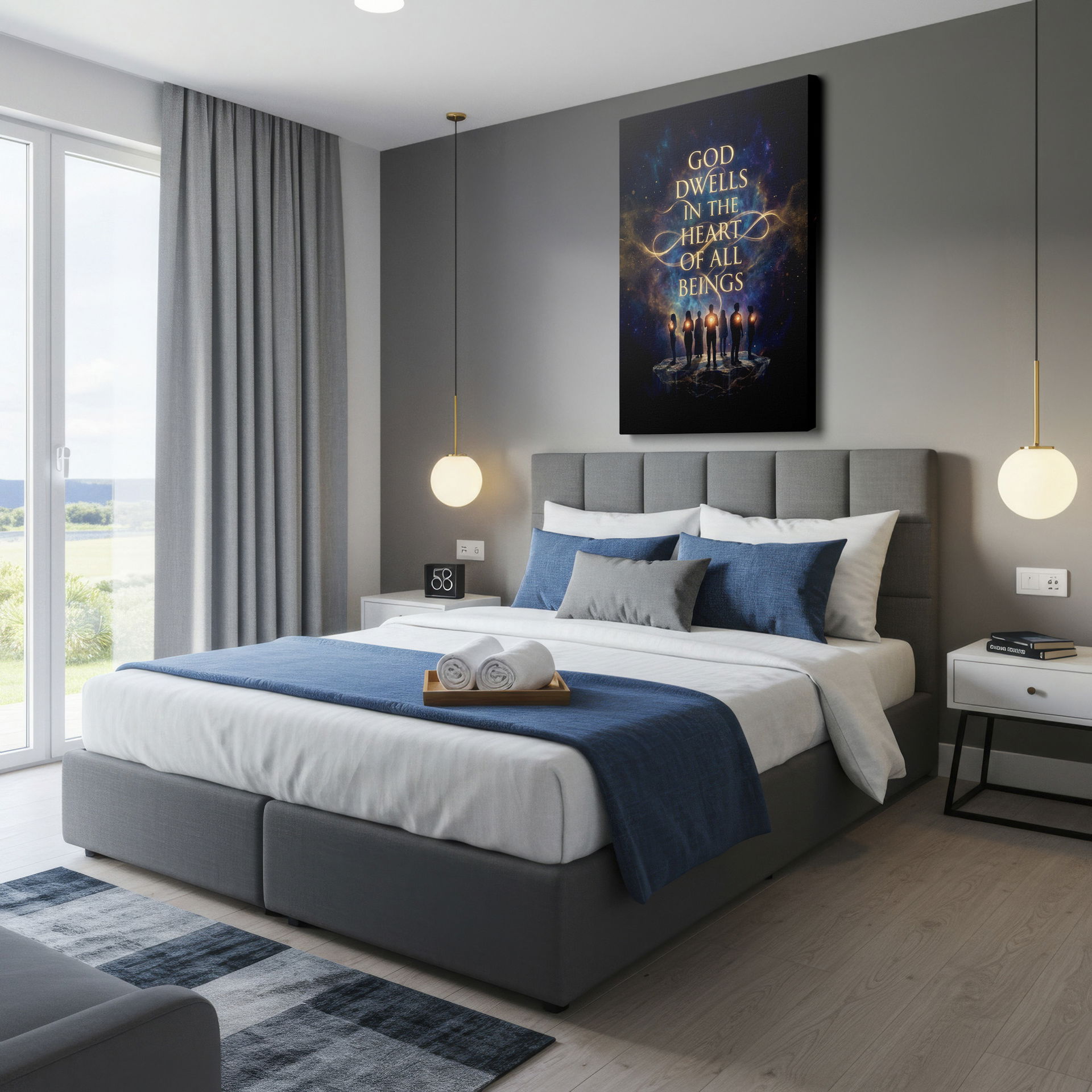 Stunning spiritual wall decor showcasing figures radiating light against a backdrop of cosmic nebulae.