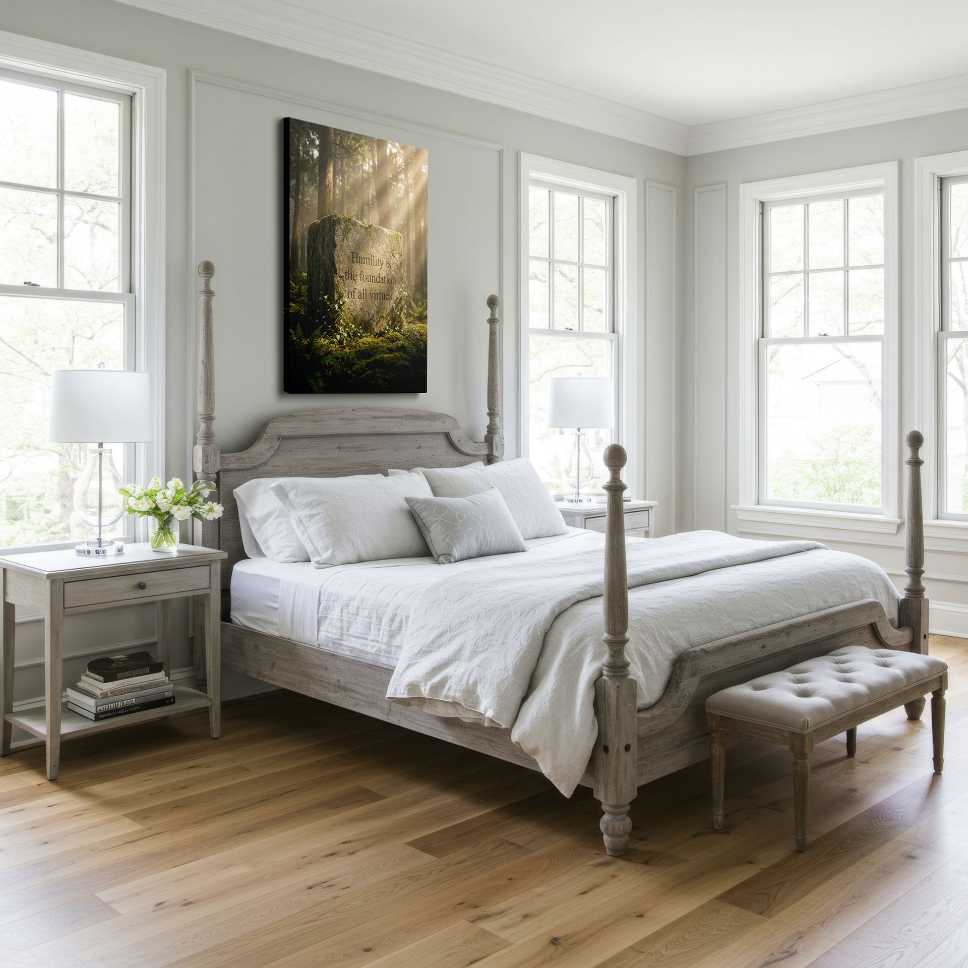 Sunlit forest frames stone with inspirational text, ideal wall decor for reflection.