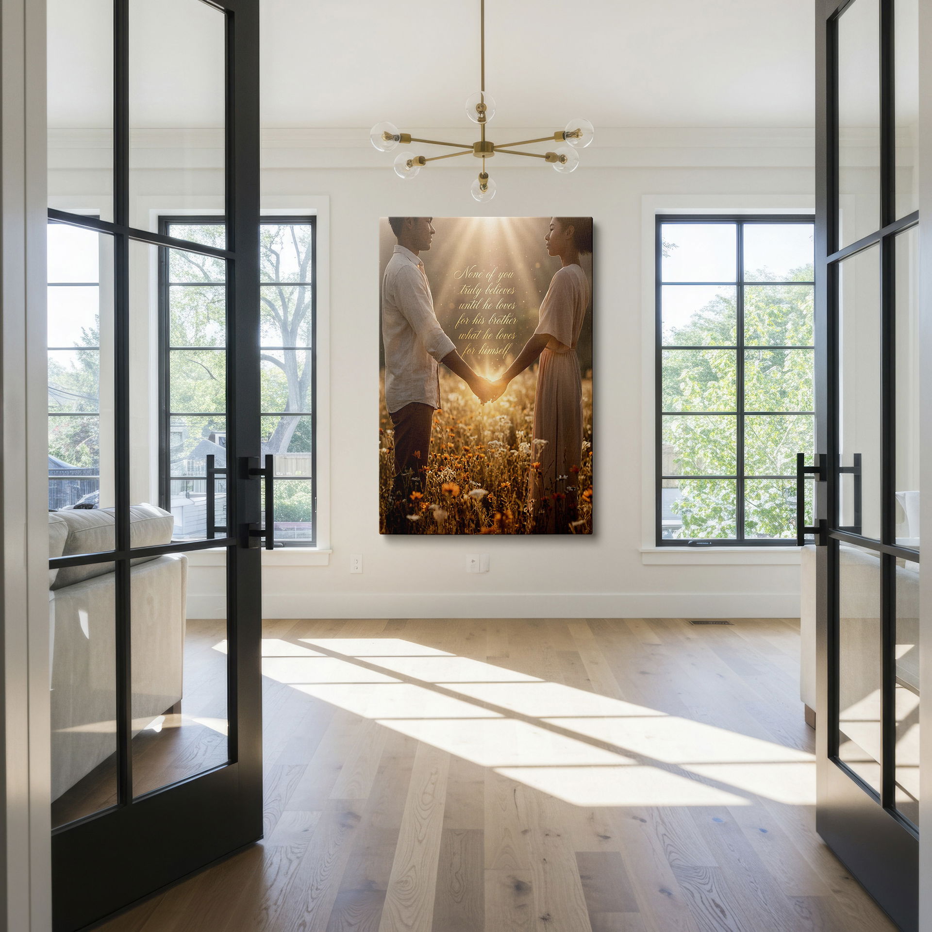 Wrapped Canvas: A couple's hands meet in a sunlit meadow, expressing a bond of affection.