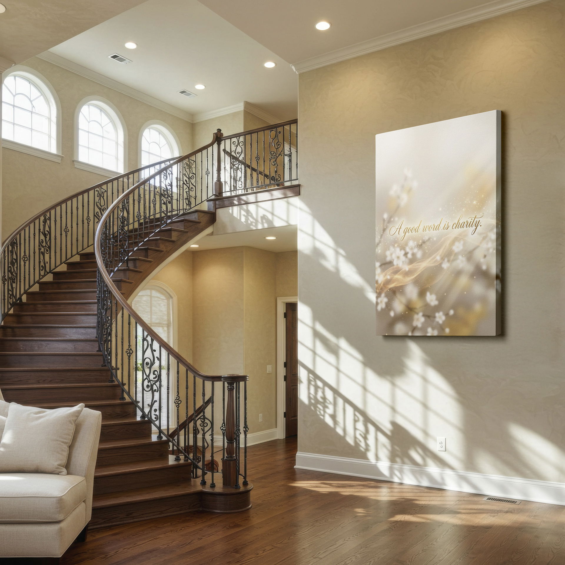 Shimmering 'A good word is charity' Wrapped Canvas with flowers brings serene inspiration as wall art for any room.