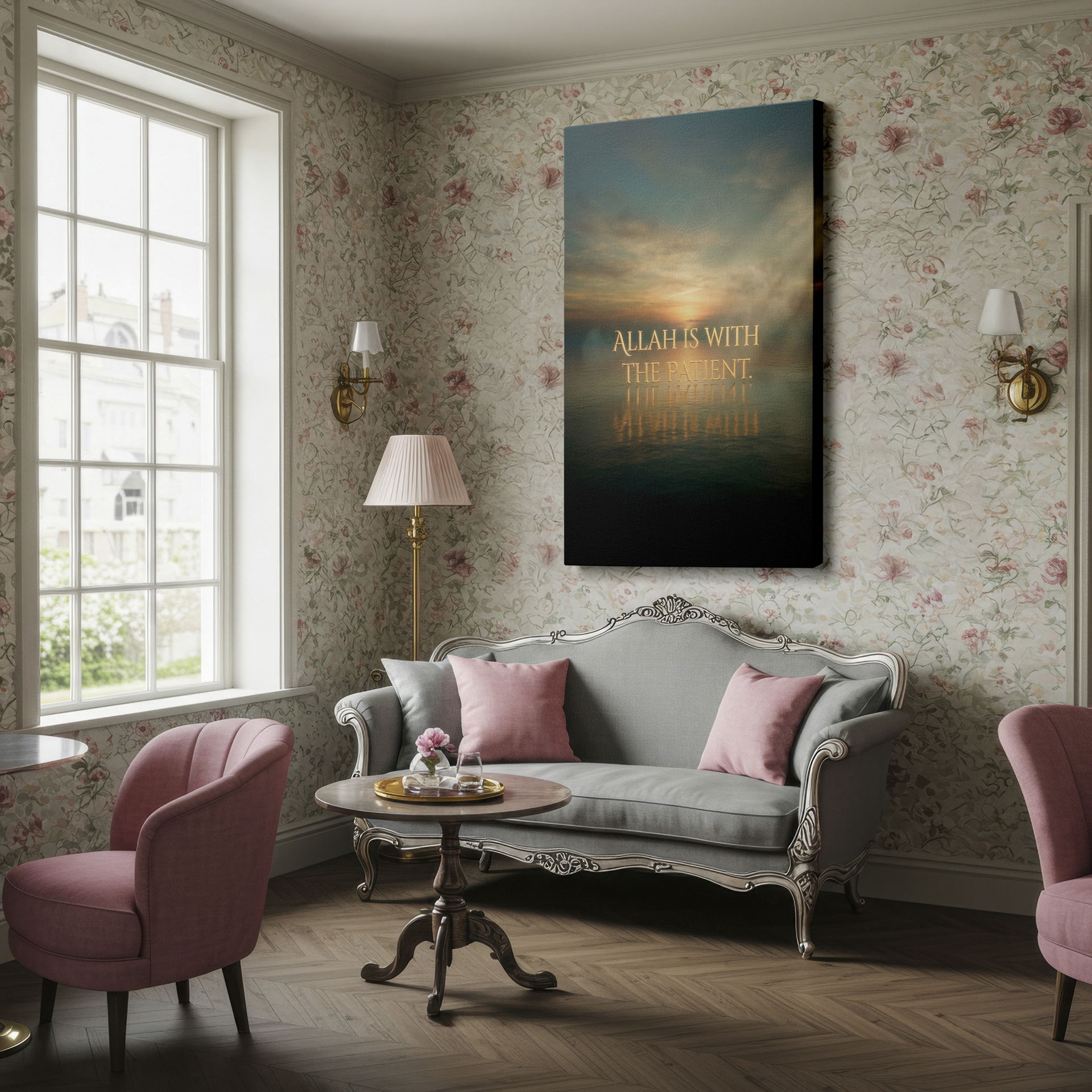 Inspirational Wrapped Canvas featuring 'Allah Is With The Patient' with a calming sky and water scene, ideal for spiritual wall art.