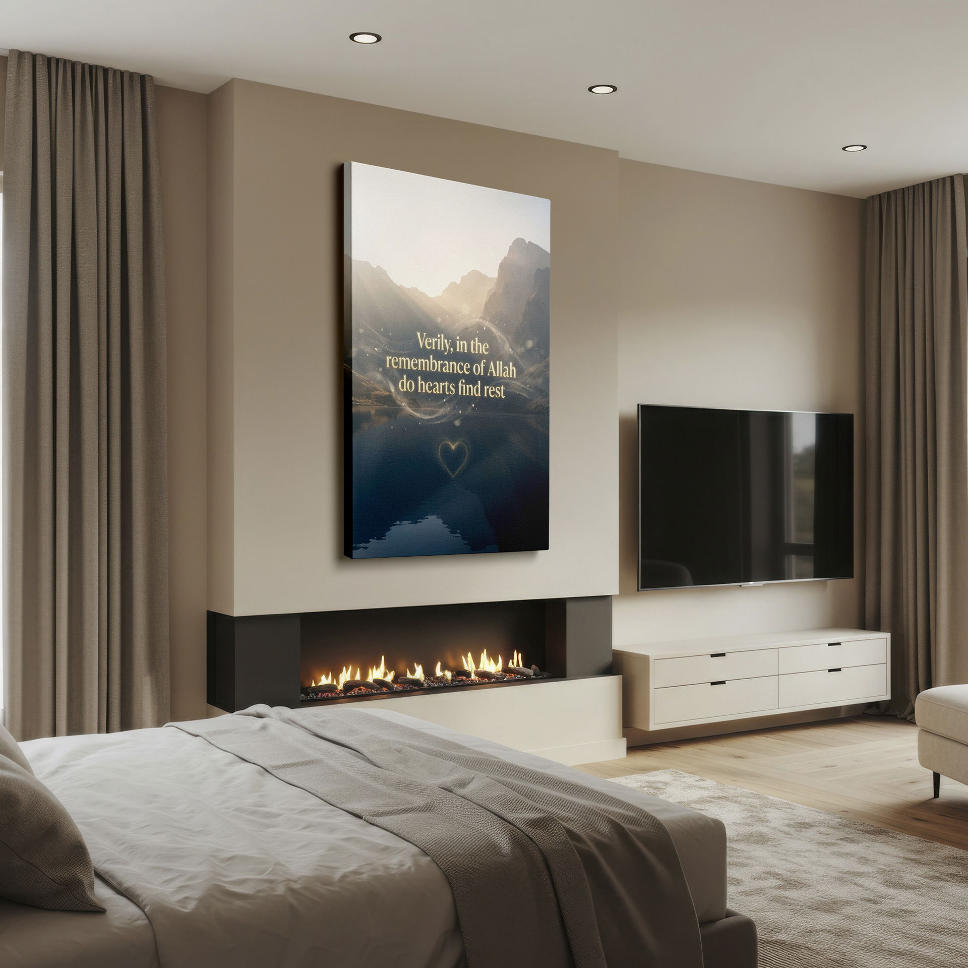 Beautiful mountain and lake scene on Wrapped Canvas, ideal for Islamic home decor.