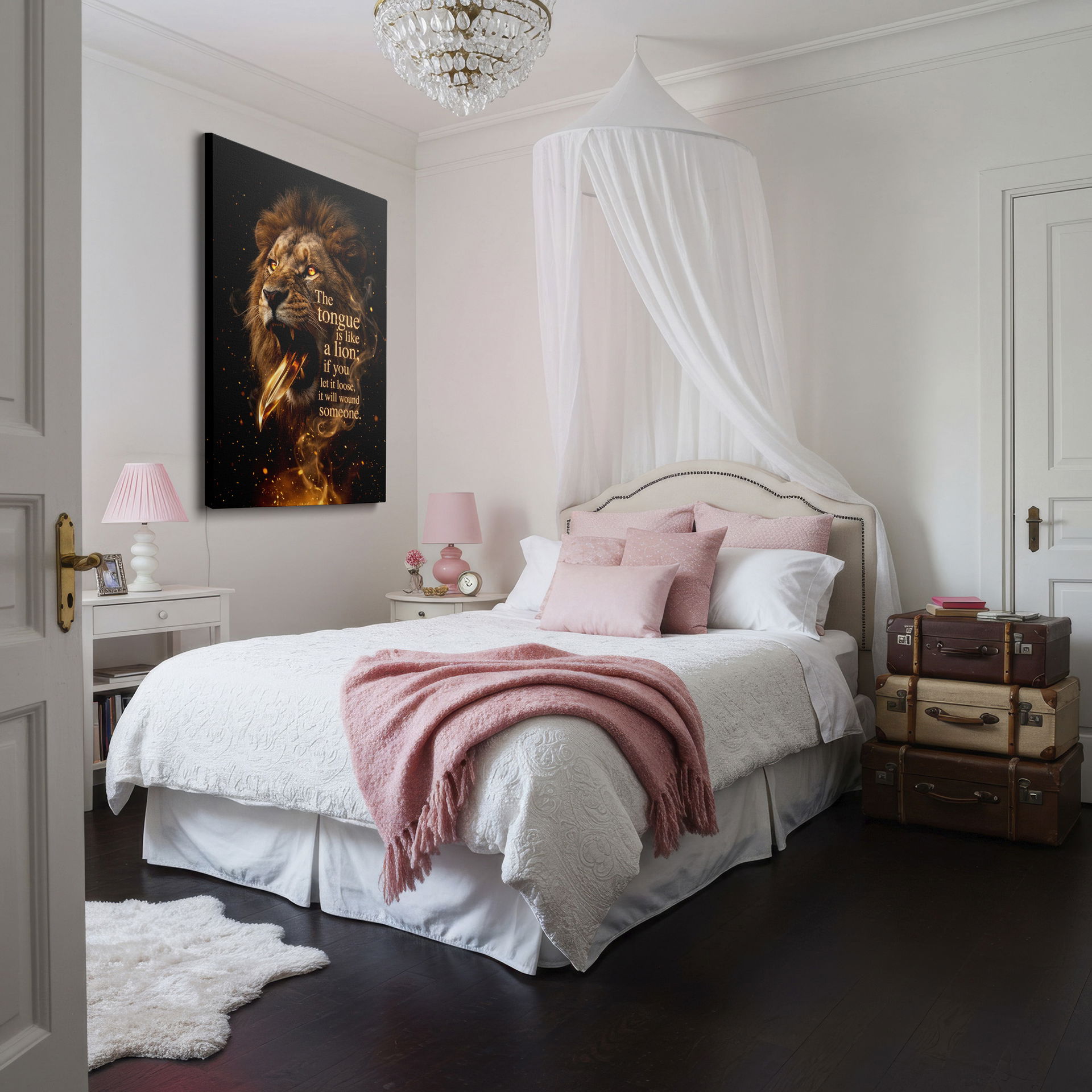 Detailed wall decor of a lion with its tongue depicted as a sharp blade, alongside an insightful quote.