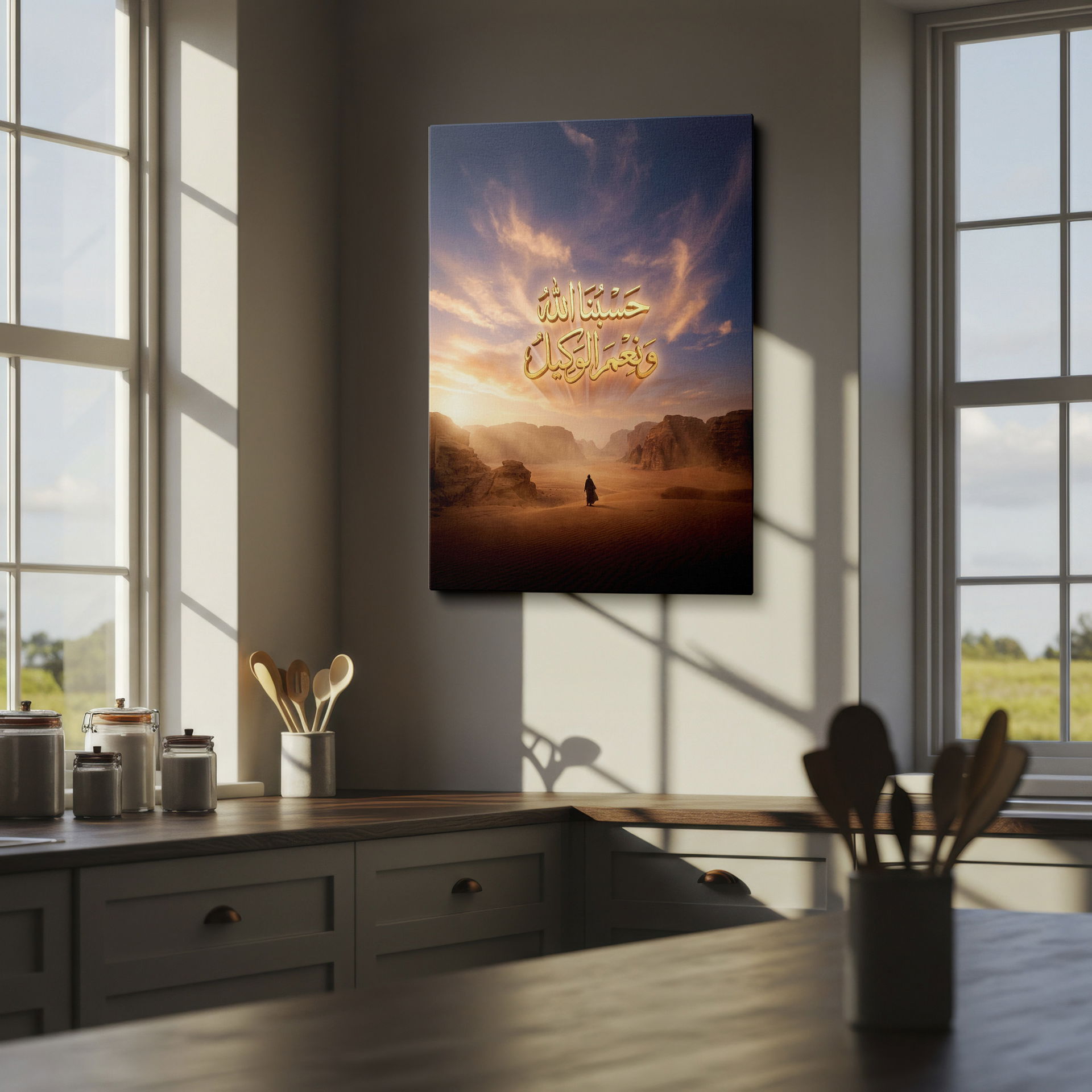 A distant figure is seen in a desert landscape with gold Arabic text above as striking wall decor.