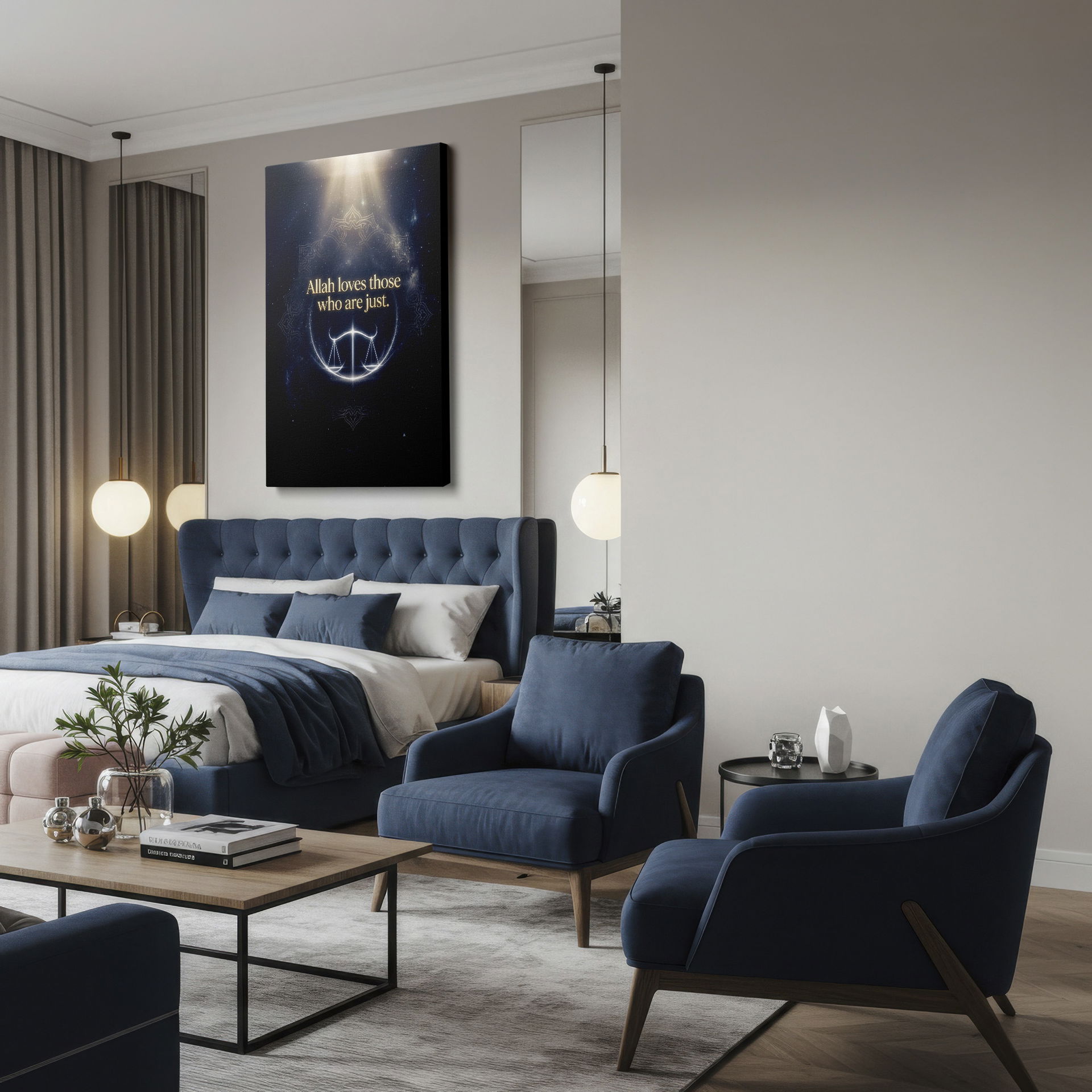 Scales of Justice image against a starry sky, representing divine justice on Wrapped Canvas.